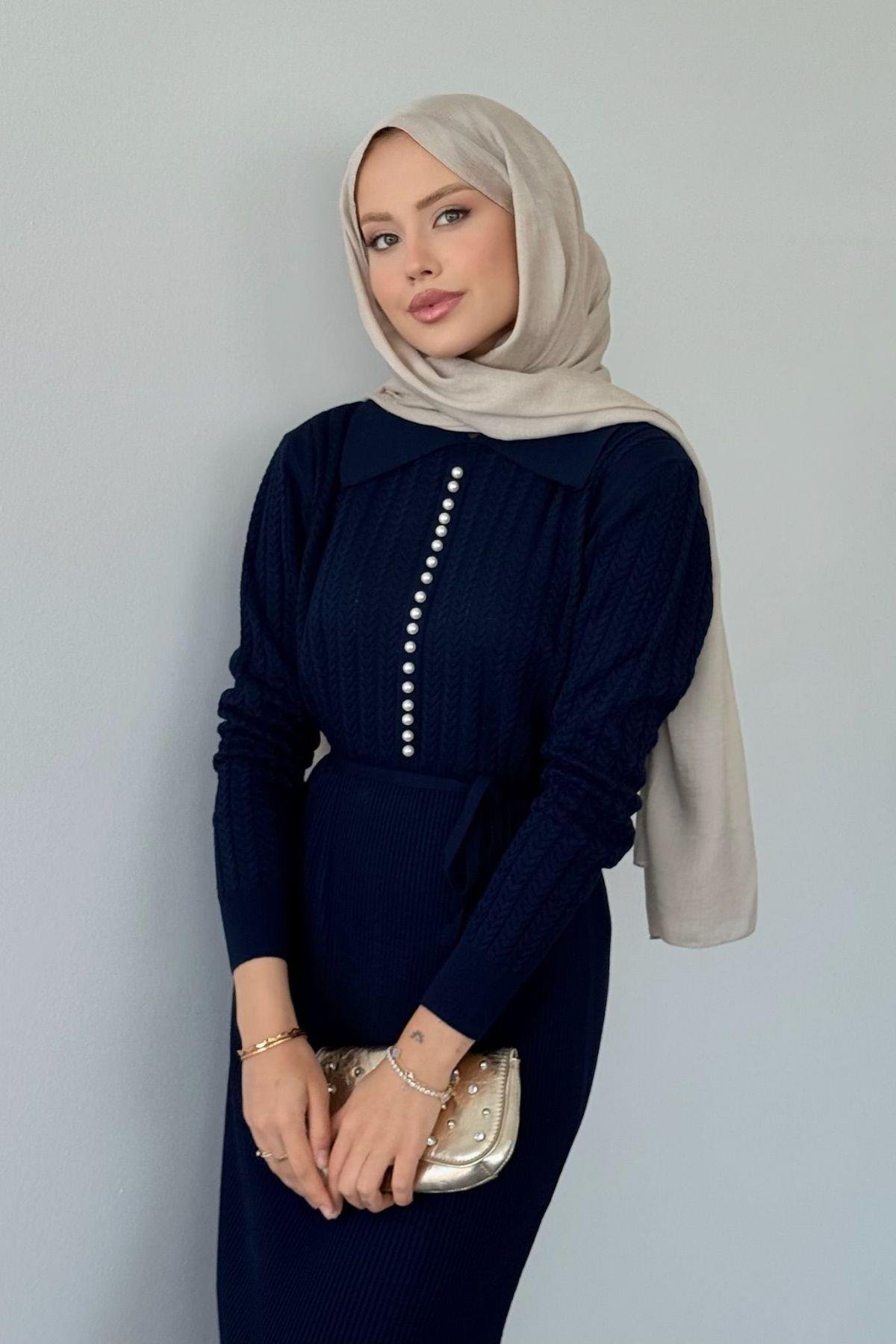 İlknur Örgü Desen Elbise Lacivert, Fiyatları İlknur Örgü Desen Elbise Lacivert- Haza Moda