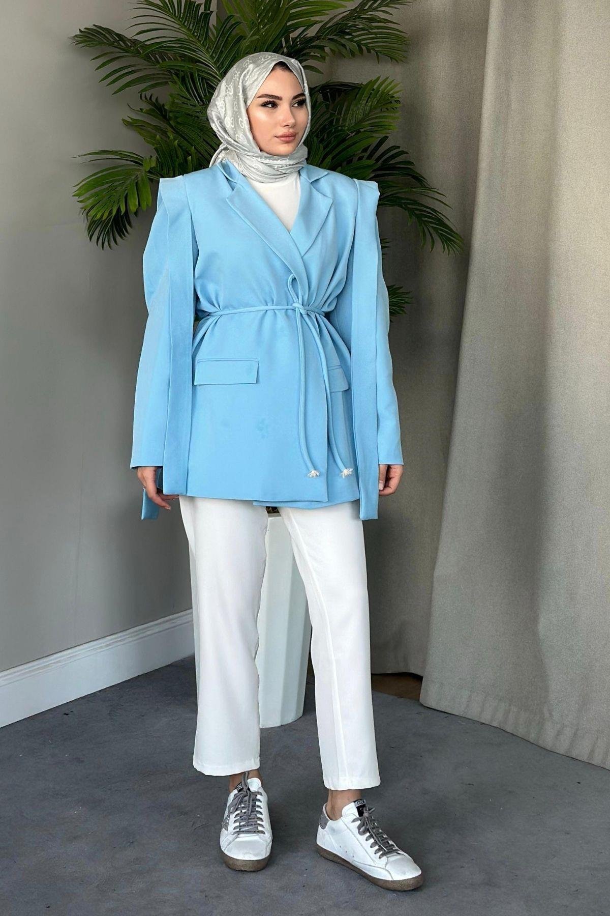 İpli Blazer Ceket Bebemavi, Fiyatları Haza Moda | Tesettür Giyim | İpli Blazer Ceket Füme