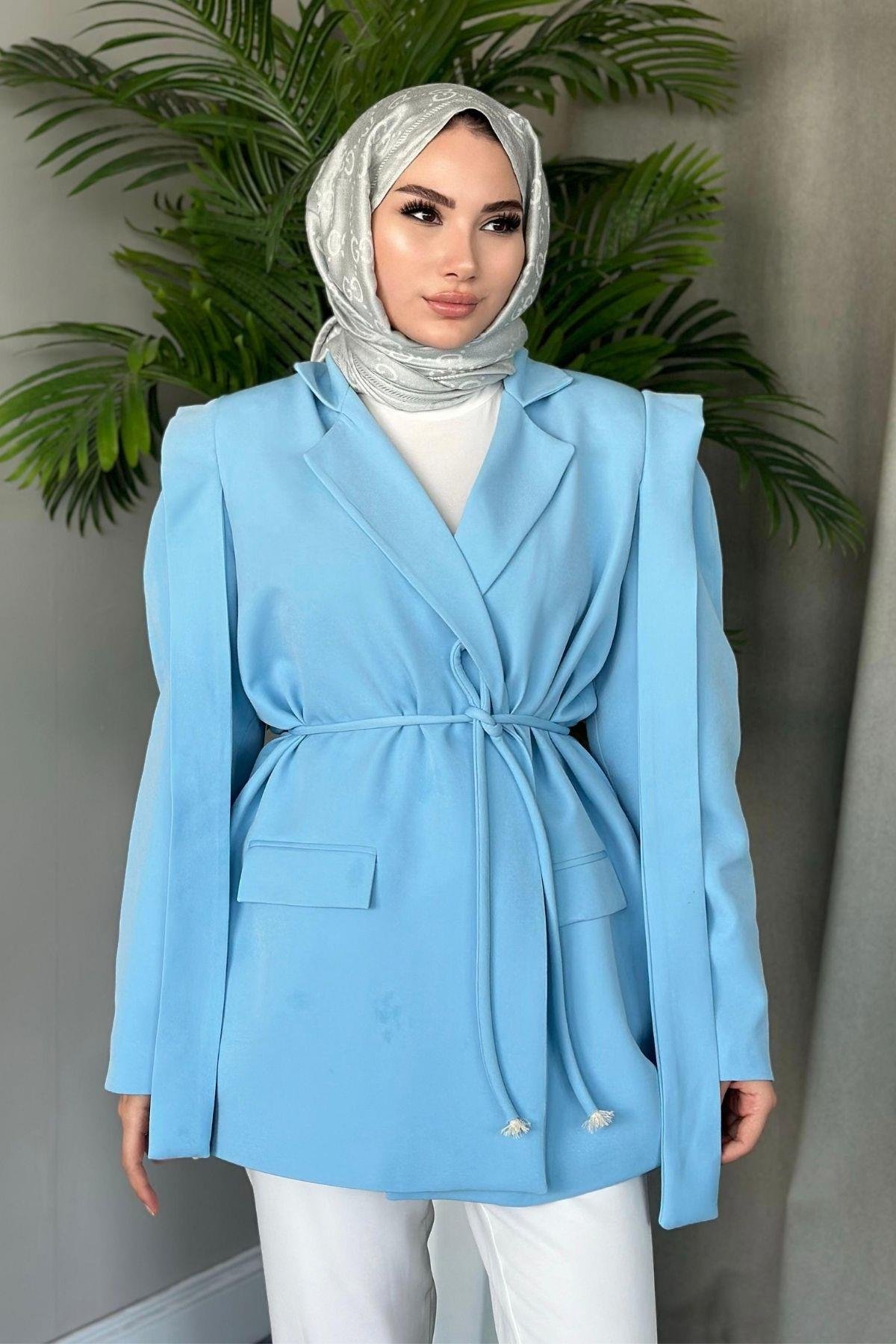 İpli Blazer Ceket Bebemavi, Fiyatları Haza Moda | Tesettür Giyim | İpli Blazer Ceket Füme