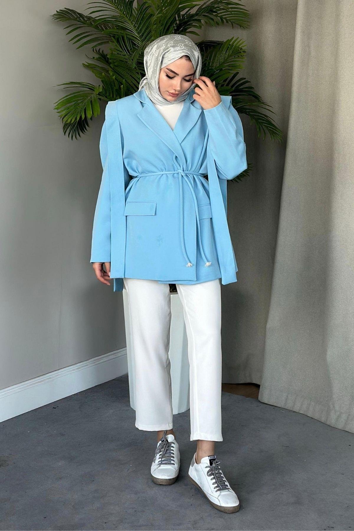 İpli Blazer Ceket Bebemavi, Fiyatları Haza Moda | Tesettür Giyim | İpli Blazer Ceket Füme