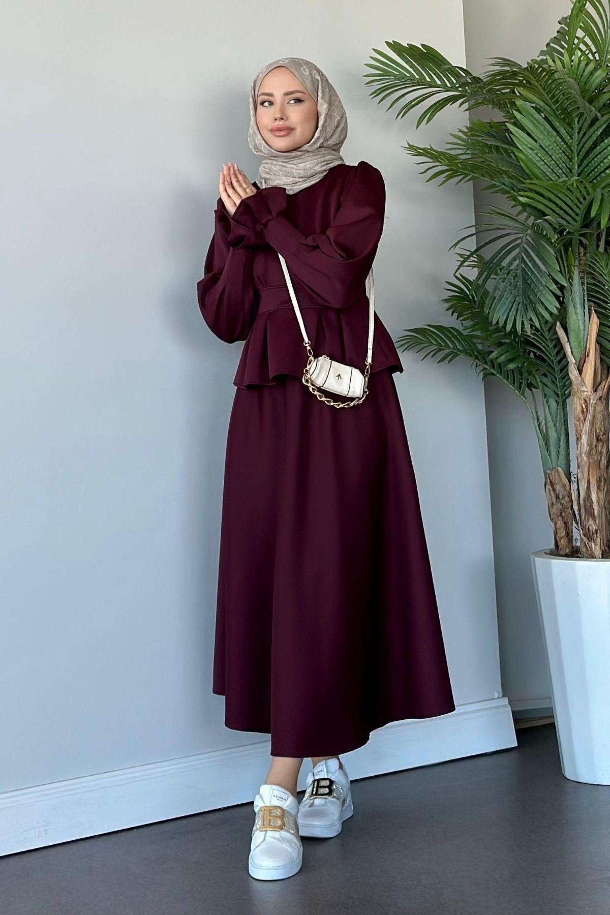 İsabel Etekli Takım Mürdüm, Fiyatları Haza Moda | Tesettür Giyim | İsabel Etekli Takım Mürdüm