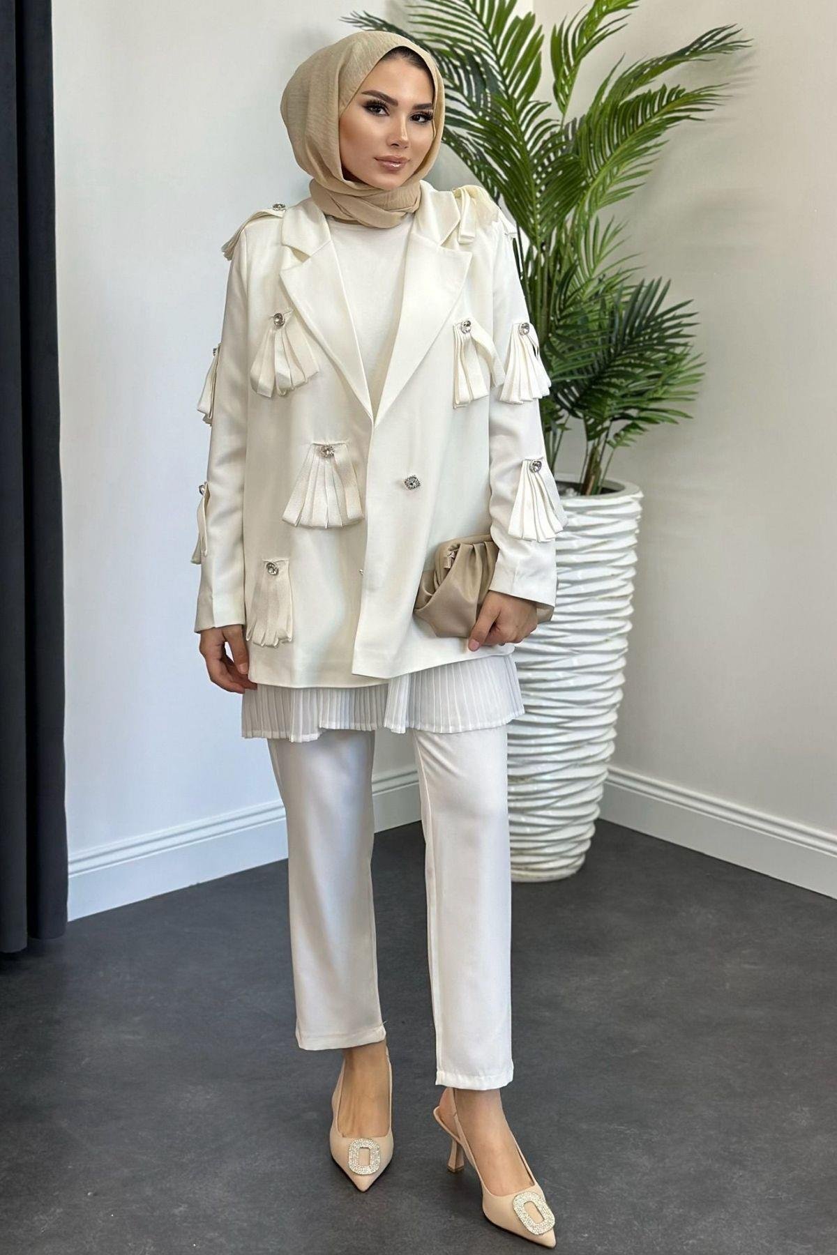 İthal Taşlı Ceketli Takım Beyaz, Fiyatları 