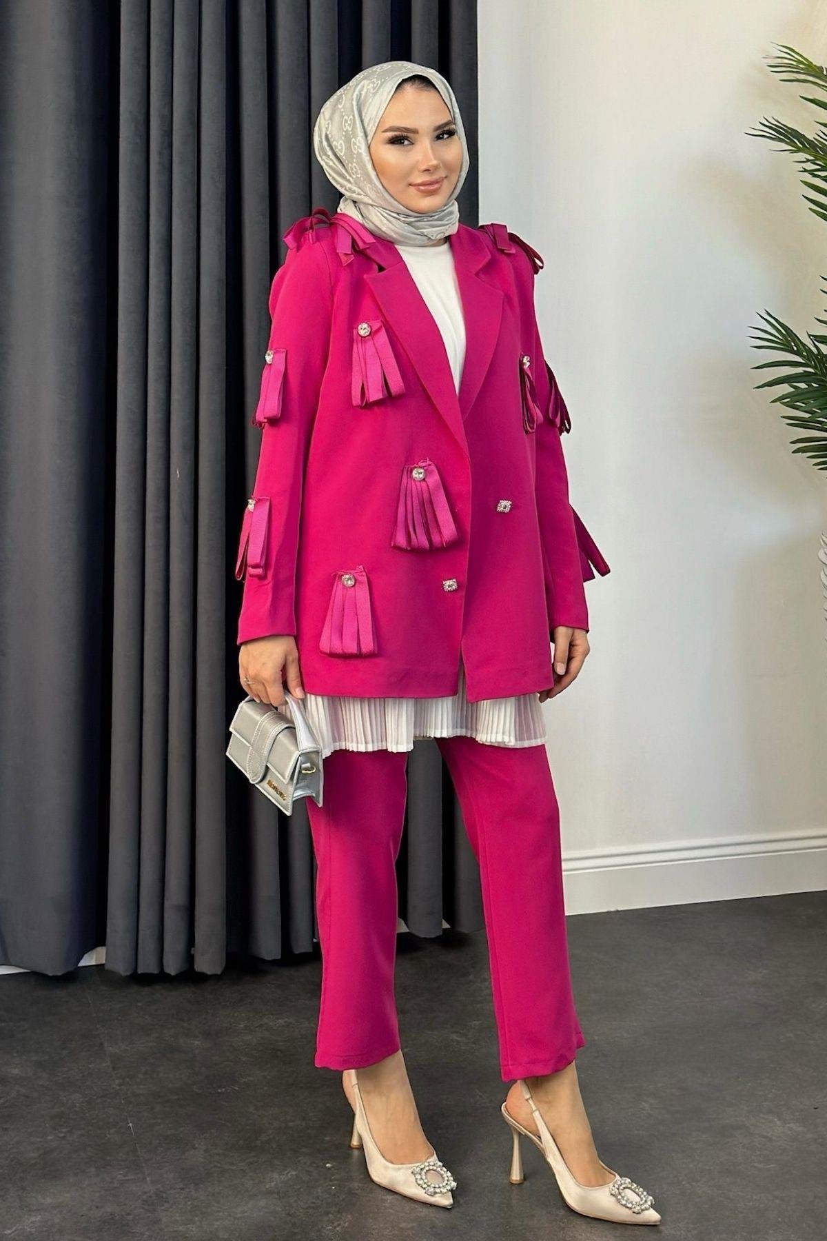 İthal Taşlı Ceketli Takım Fuşya, Fiyatları 