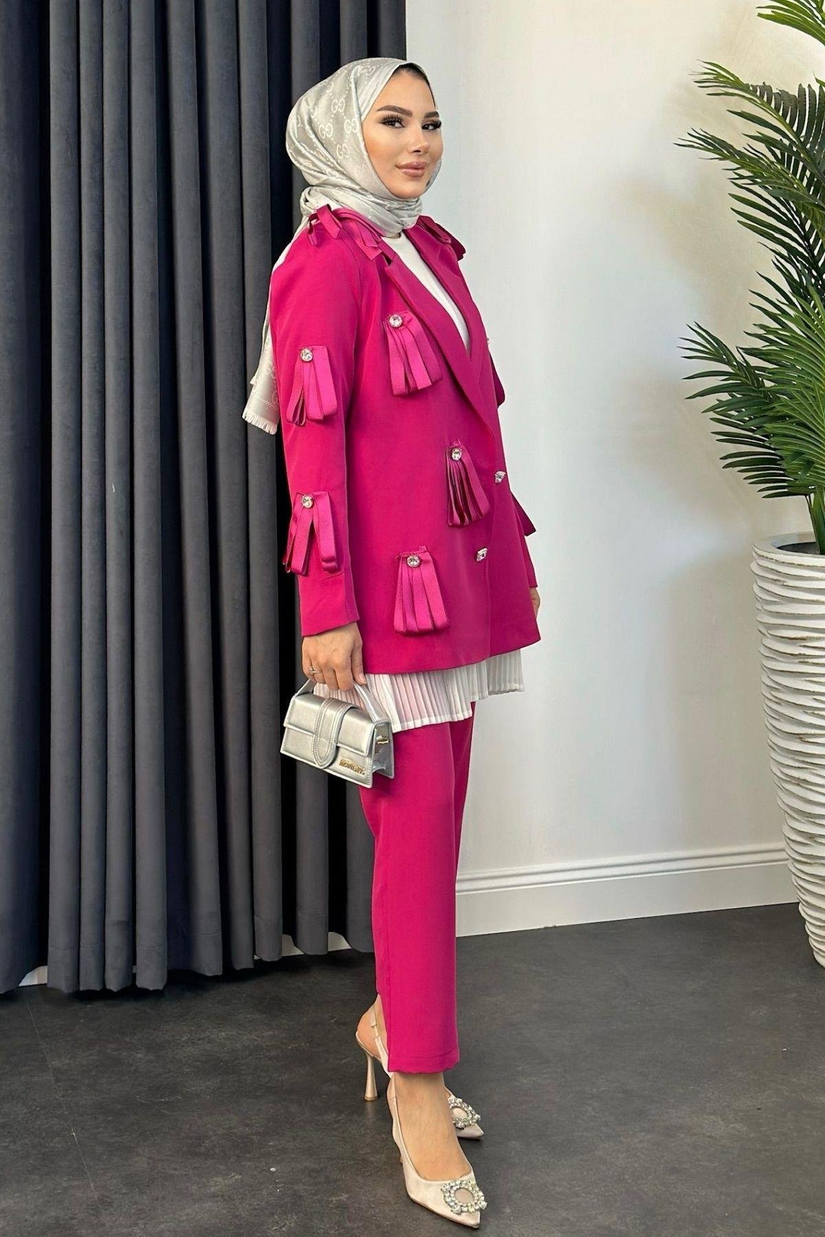 İthal Taşlı Ceketli Takım Fuşya, Fiyatları 