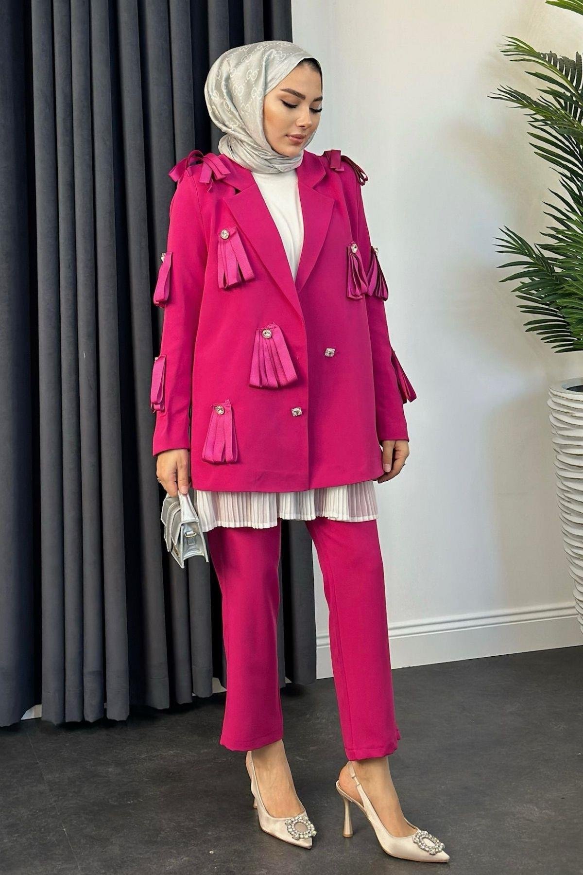 İthal Taşlı Ceketli Takım Fuşya, Fiyatları 