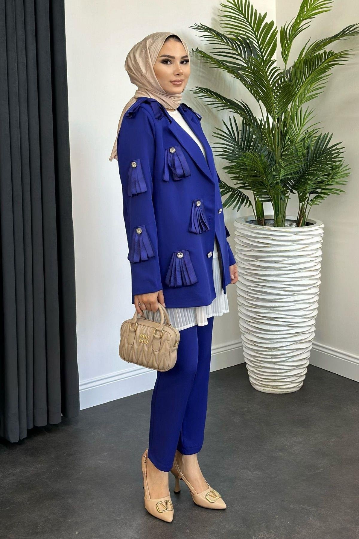 İthal Taşlı Ceketli Takım Saks, Fiyatları 