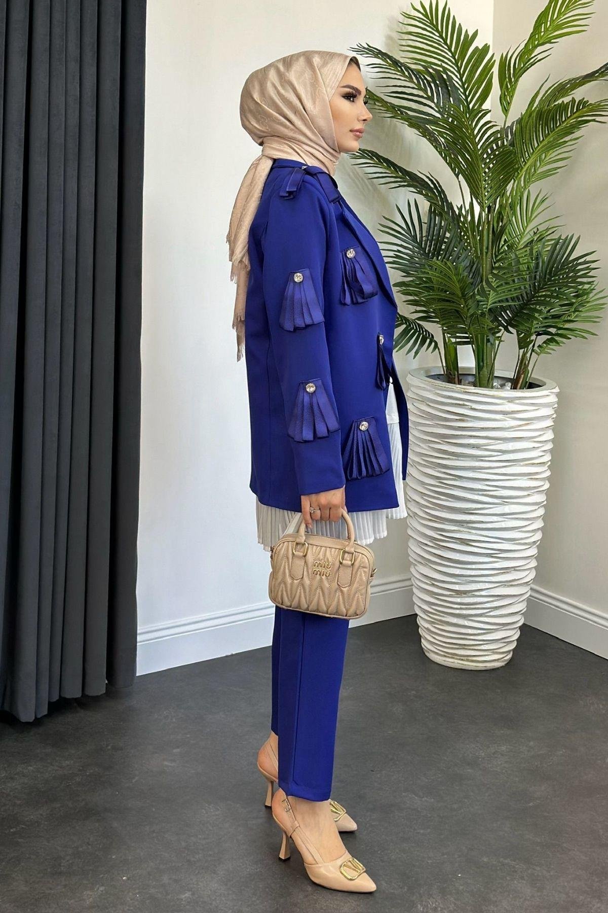 İthal Taşlı Ceketli Takım Saks, Fiyatları 