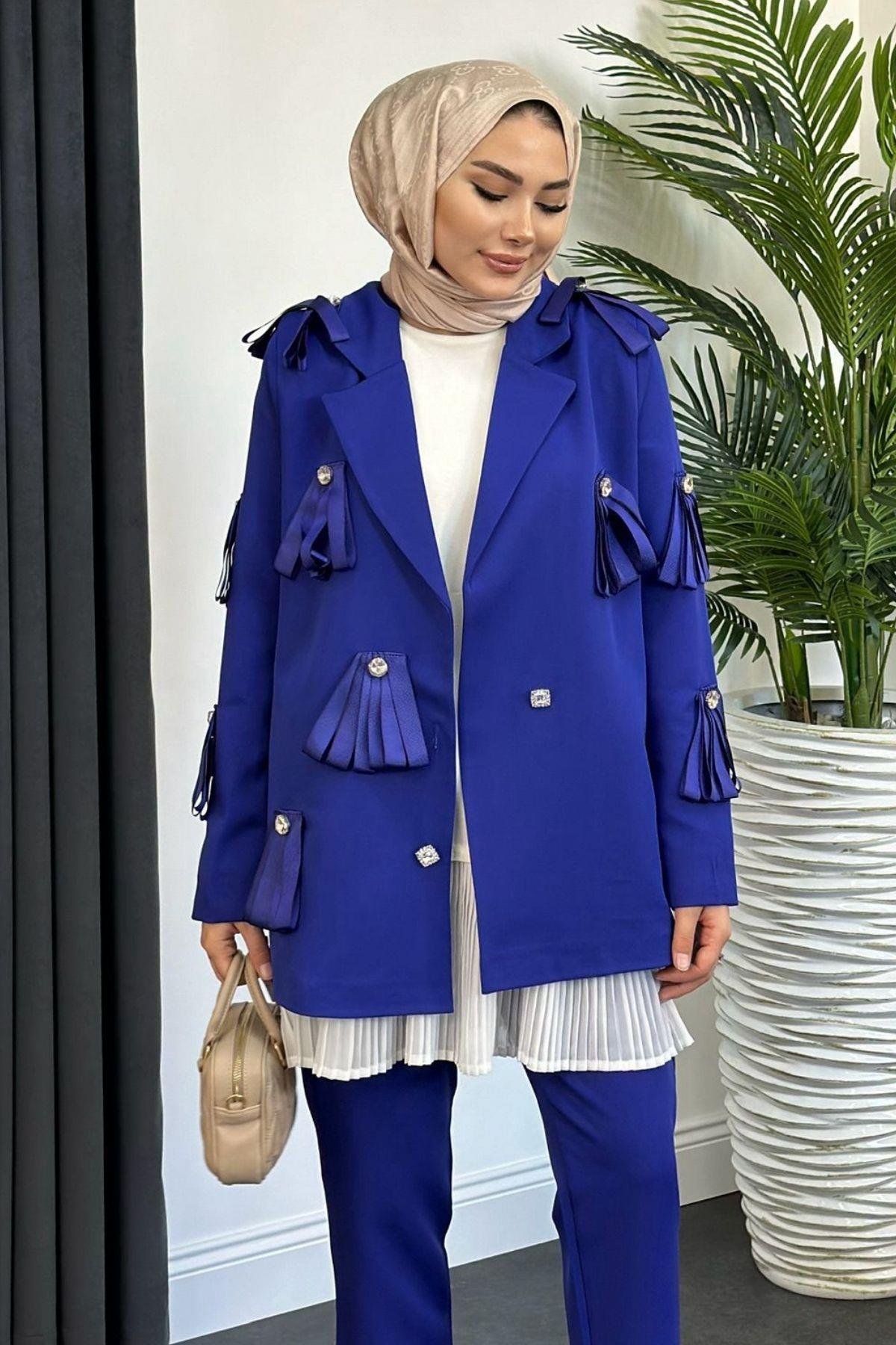 İthal Taşlı Ceketli Takım Saks, Fiyatları 