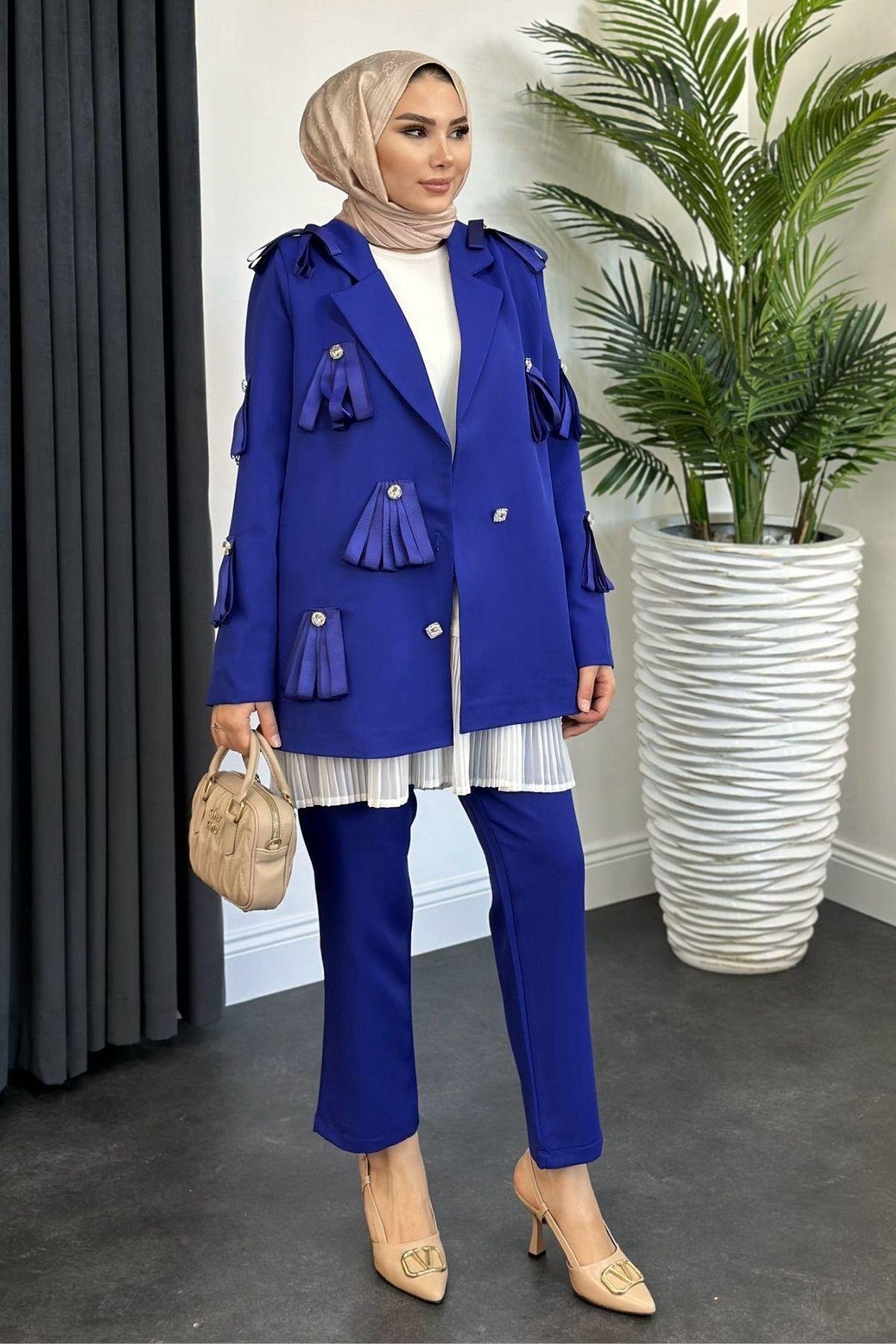 İthal Taşlı Ceketli Takım Saks, Fiyatları 