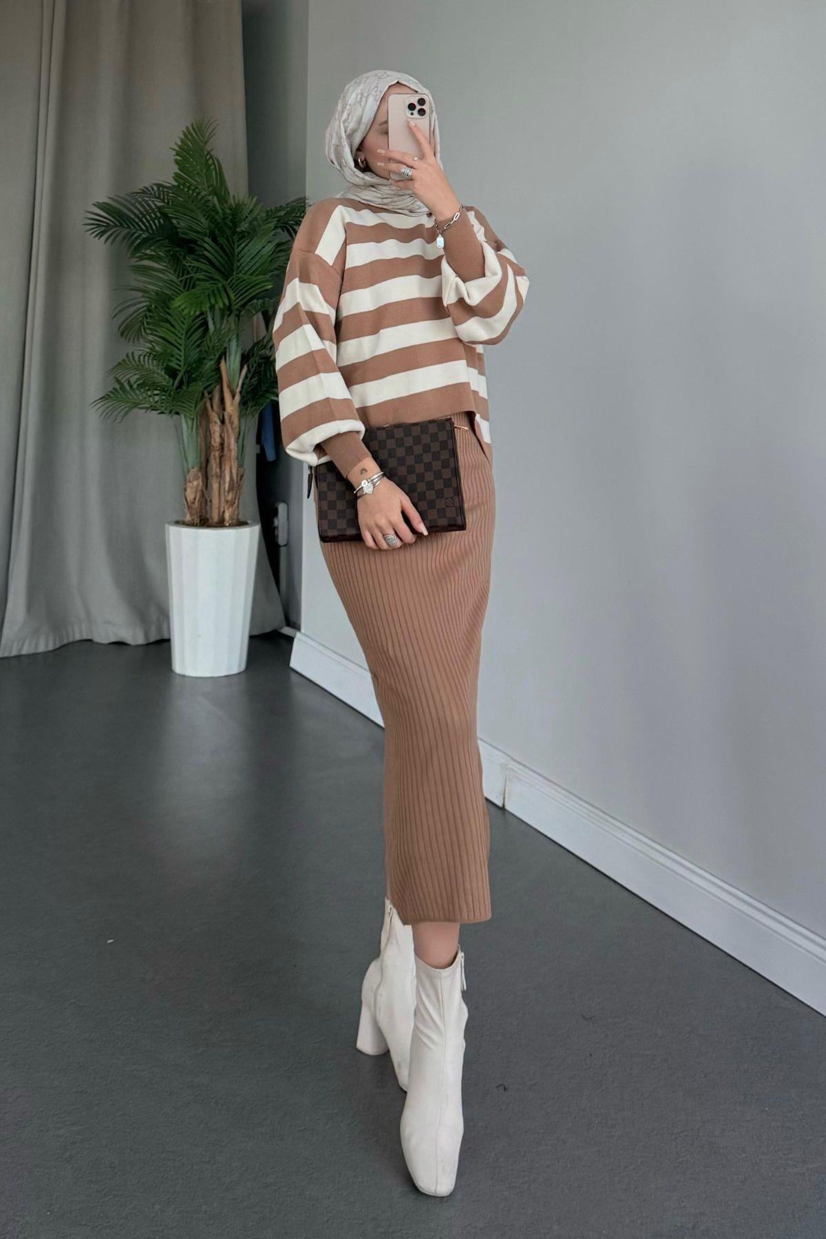 Jileli Triko Takım Camel, Fiyatları Haza Moda | Tesettür Giyim | Jileli Triko Takım Camel