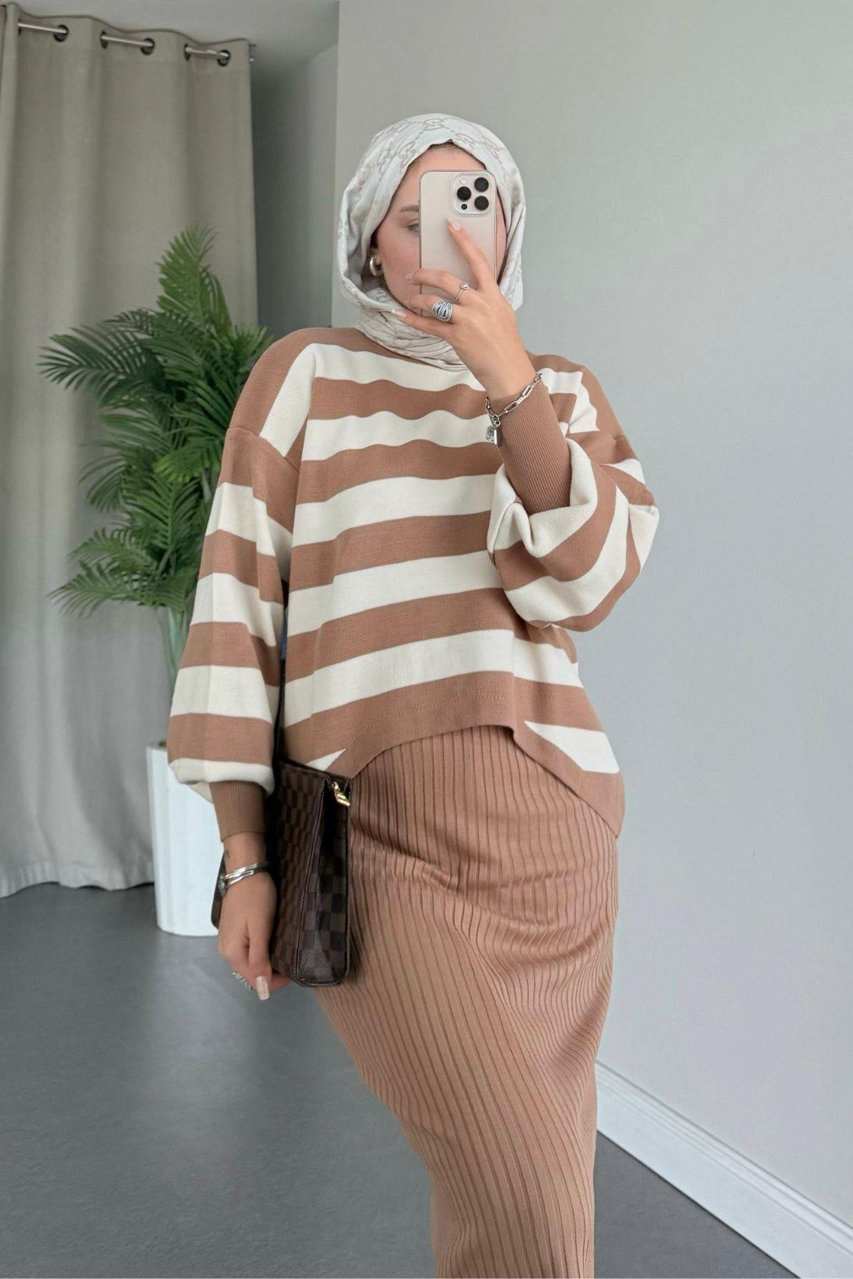 Jileli Triko Takım Camel, Fiyatları Haza Moda | Tesettür Giyim | Jileli Triko Takım Camel