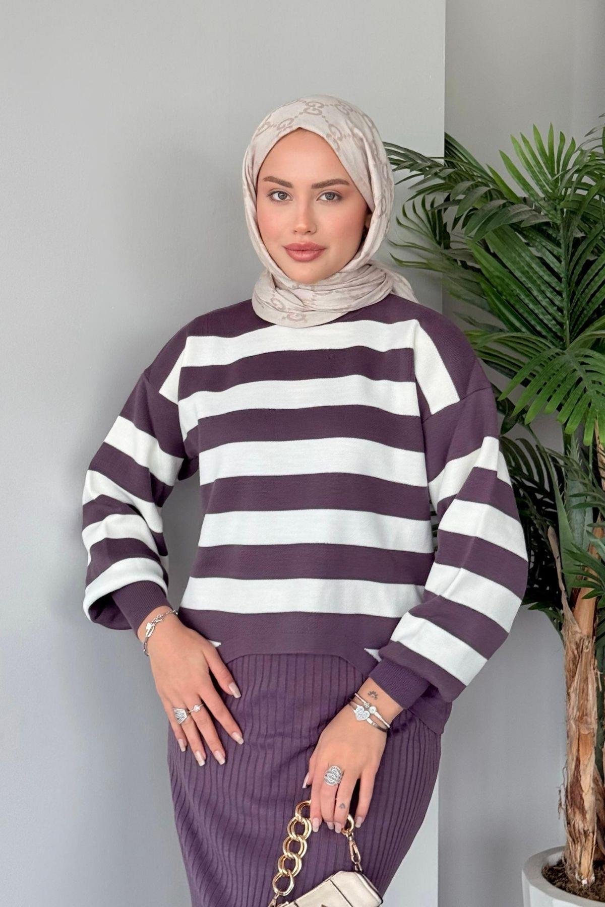 Jileli Triko Takım Mürdüm, Fiyatları Haza Moda | Tesettür Giyim | Jileli Triko Takım Mürdüm