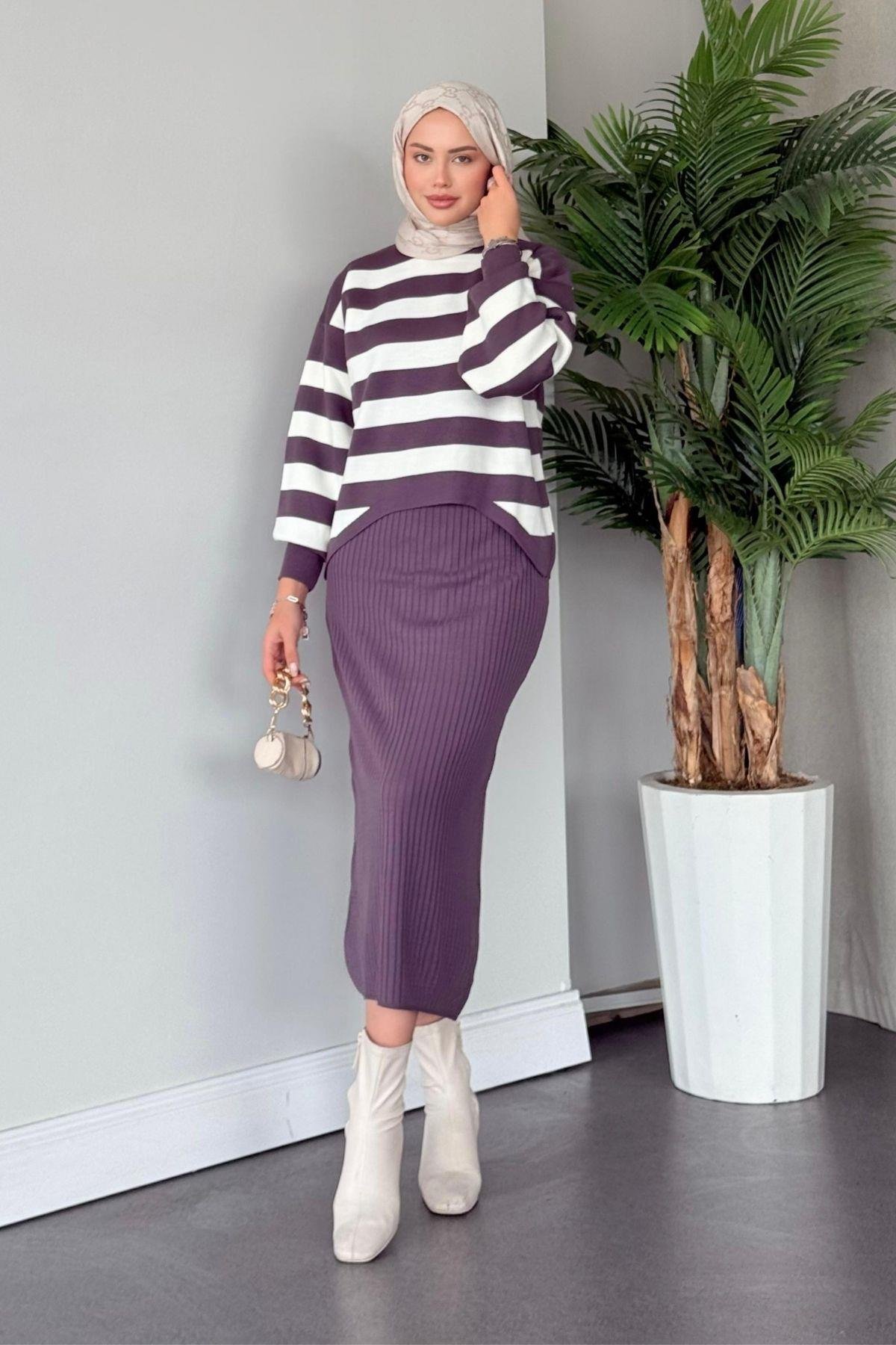 Jileli Triko Takım Mürdüm, Fiyatları Haza Moda | Tesettür Giyim | Jileli Triko Takım Mürdüm