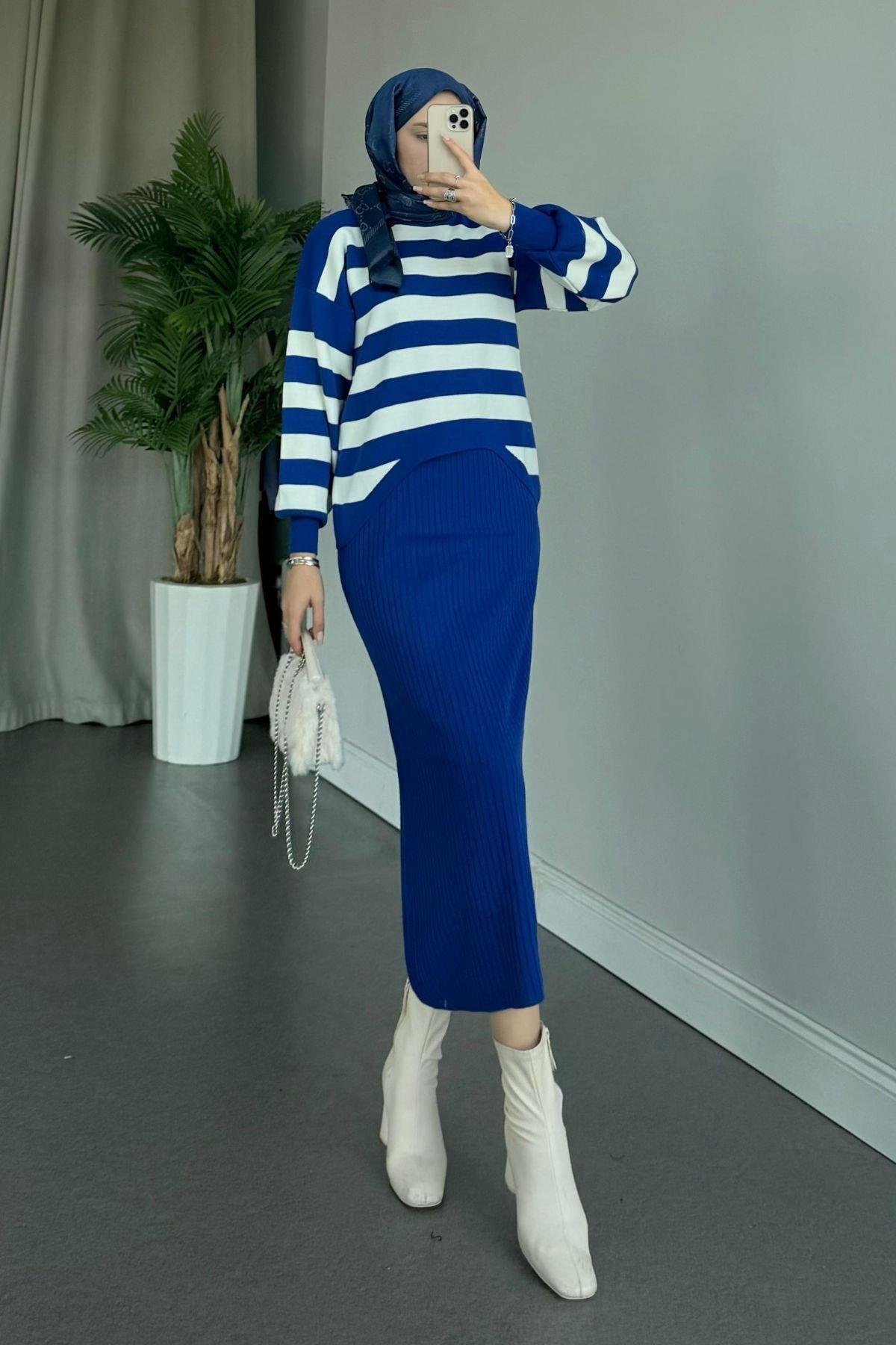 Jileli Triko Takım Saks, Fiyatları Haza Moda | Tesettür Giyim | Jileli Triko Takım Saks