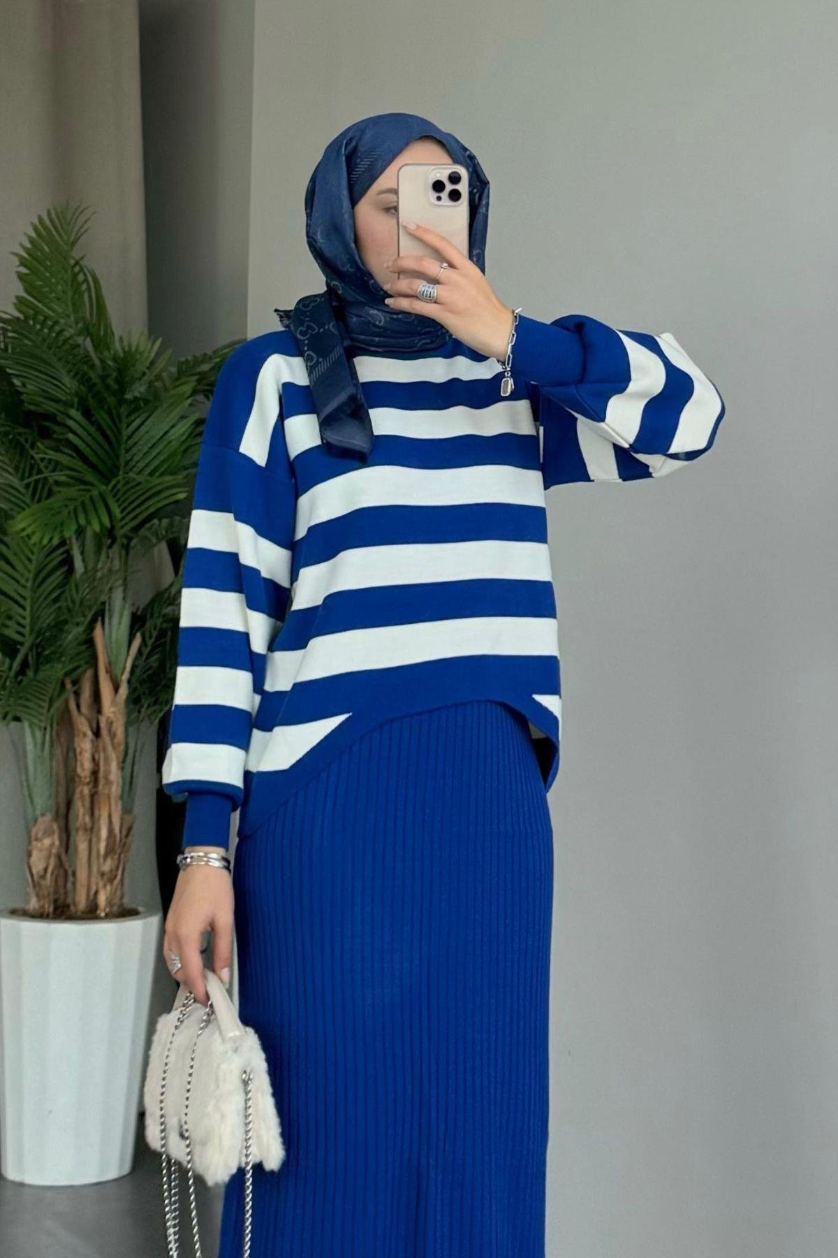 Jileli Triko Takım Saks, Fiyatları Haza Moda | Tesettür Giyim | Jileli Triko Takım Saks