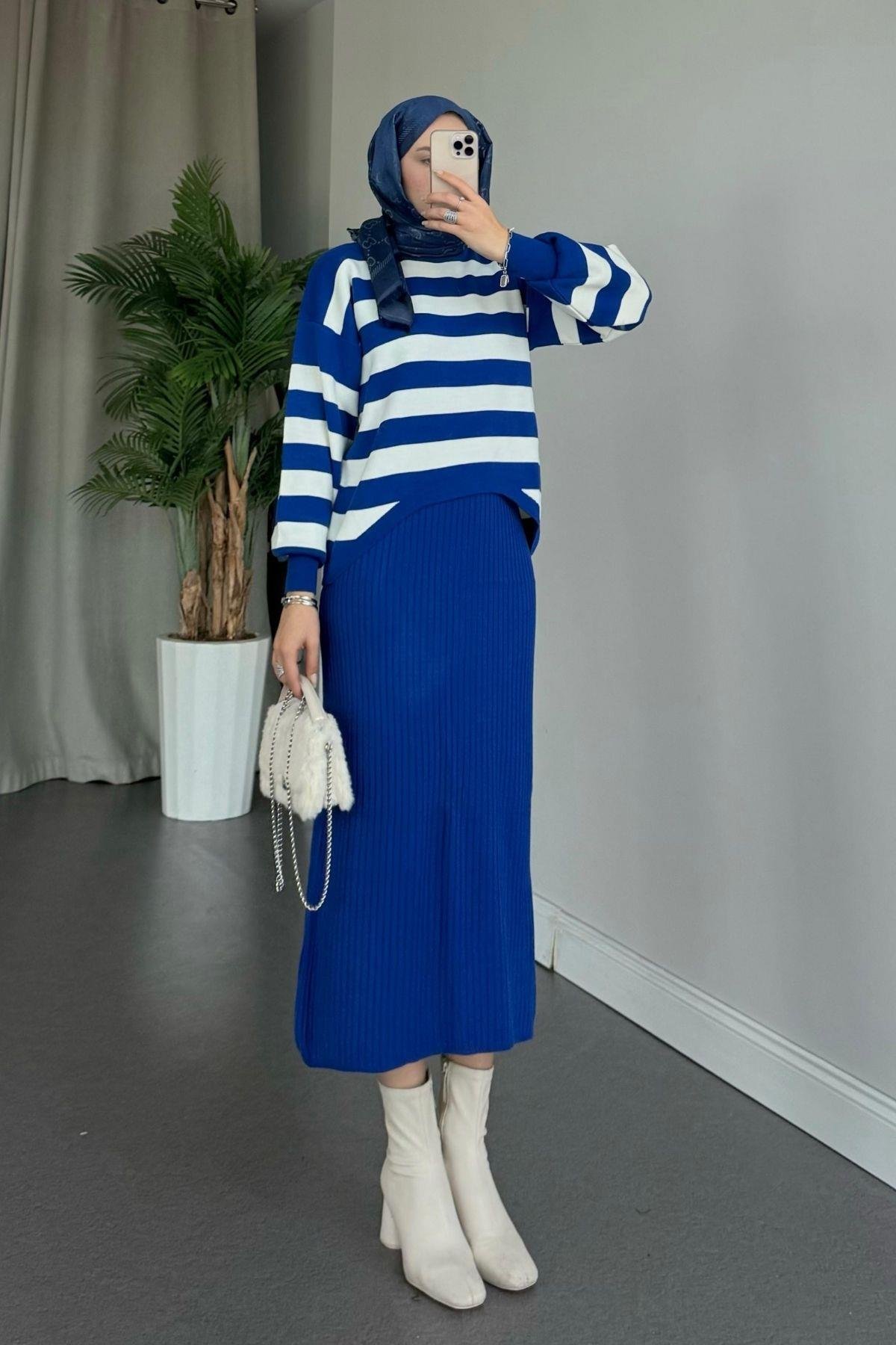 Jileli Triko Takım Saks, Fiyatları Haza Moda | Tesettür Giyim | Jileli Triko Takım Saks