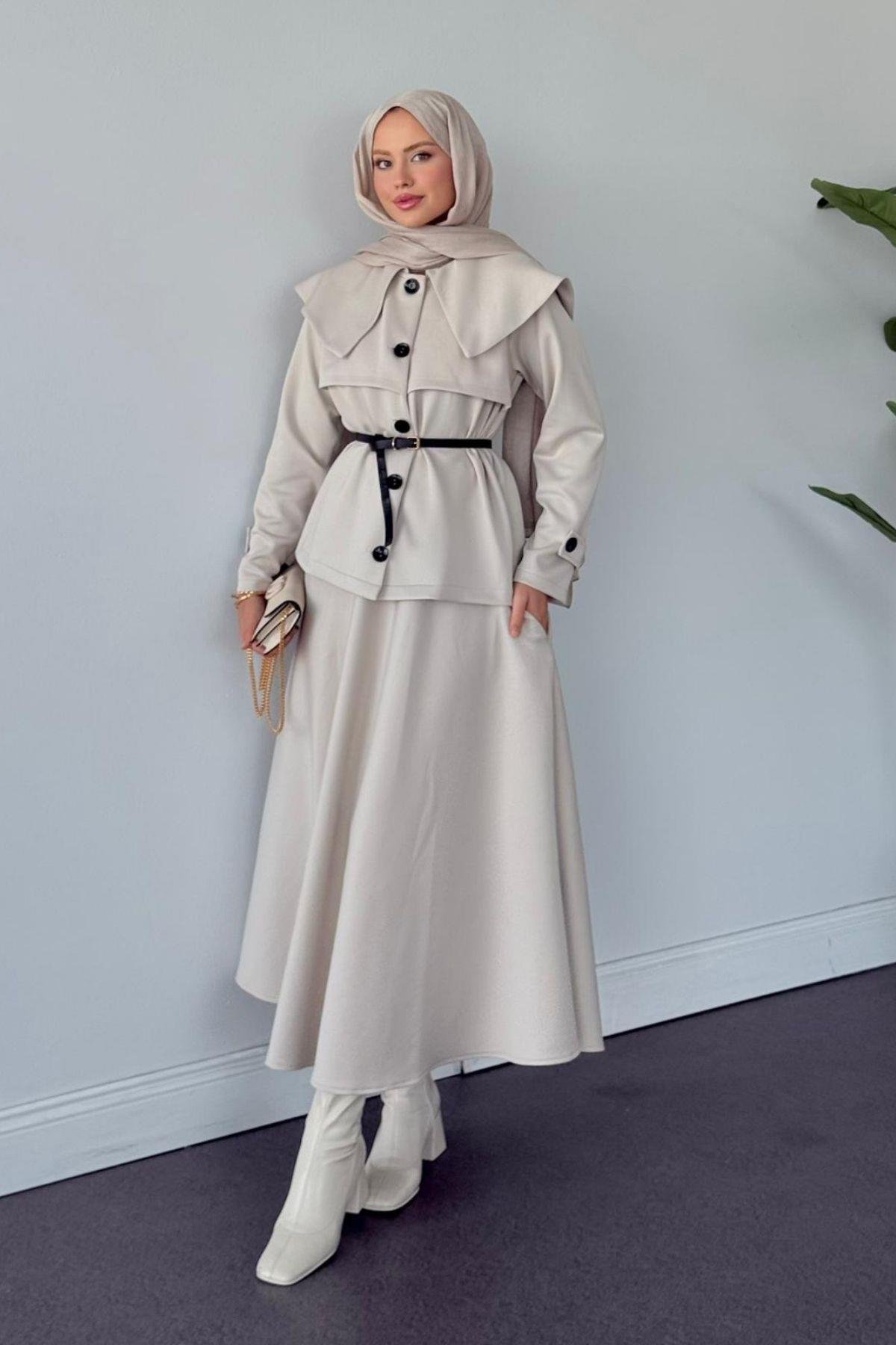 Jose Kemerli Etekli Takım Bej, Fiyatları Jose Kemerli Etekli Takım Bej Haza Moda 