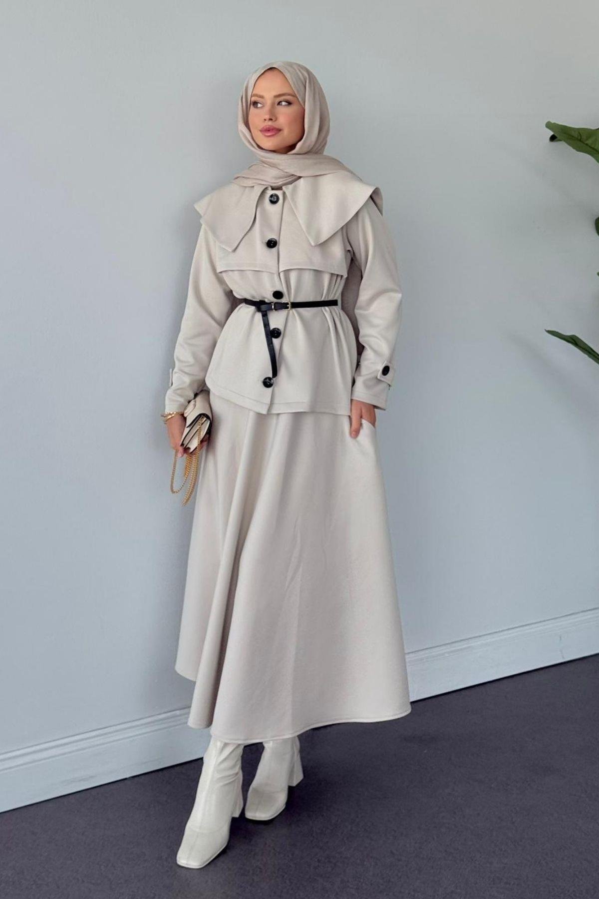Jose Kemerli Etekli Takım Bej, Fiyatları Jose Kemerli Etekli Takım Bej Haza Moda 
