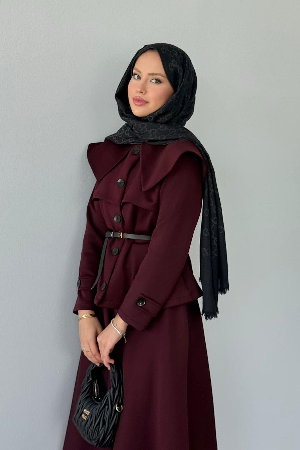 Jose Kemerli Etekli Takım Bordo, Fiyatları Jose Kemerli Etekli Takım Bordo Haza Moda 