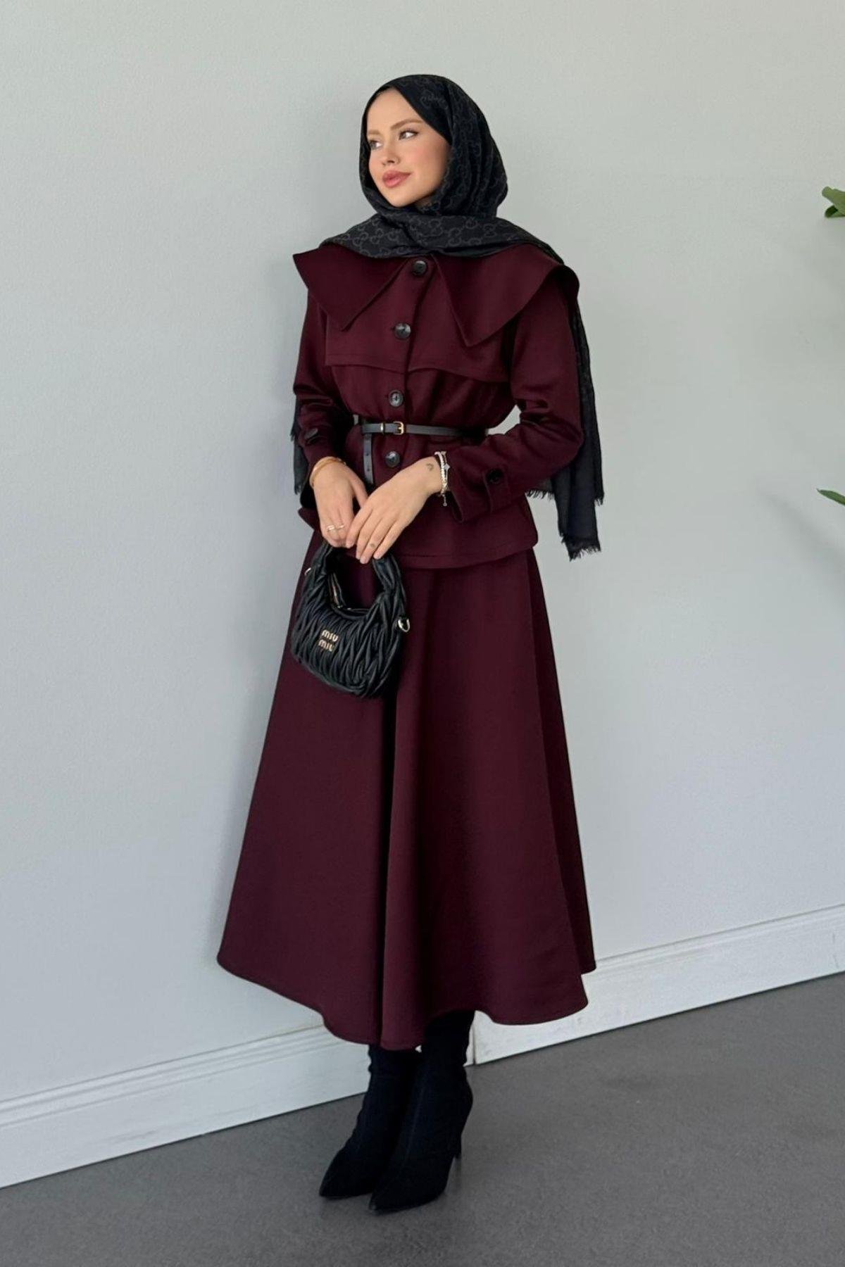 Jose Kemerli Etekli Takım Bordo, Fiyatları Jose Kemerli Etekli Takım Bordo Haza Moda 