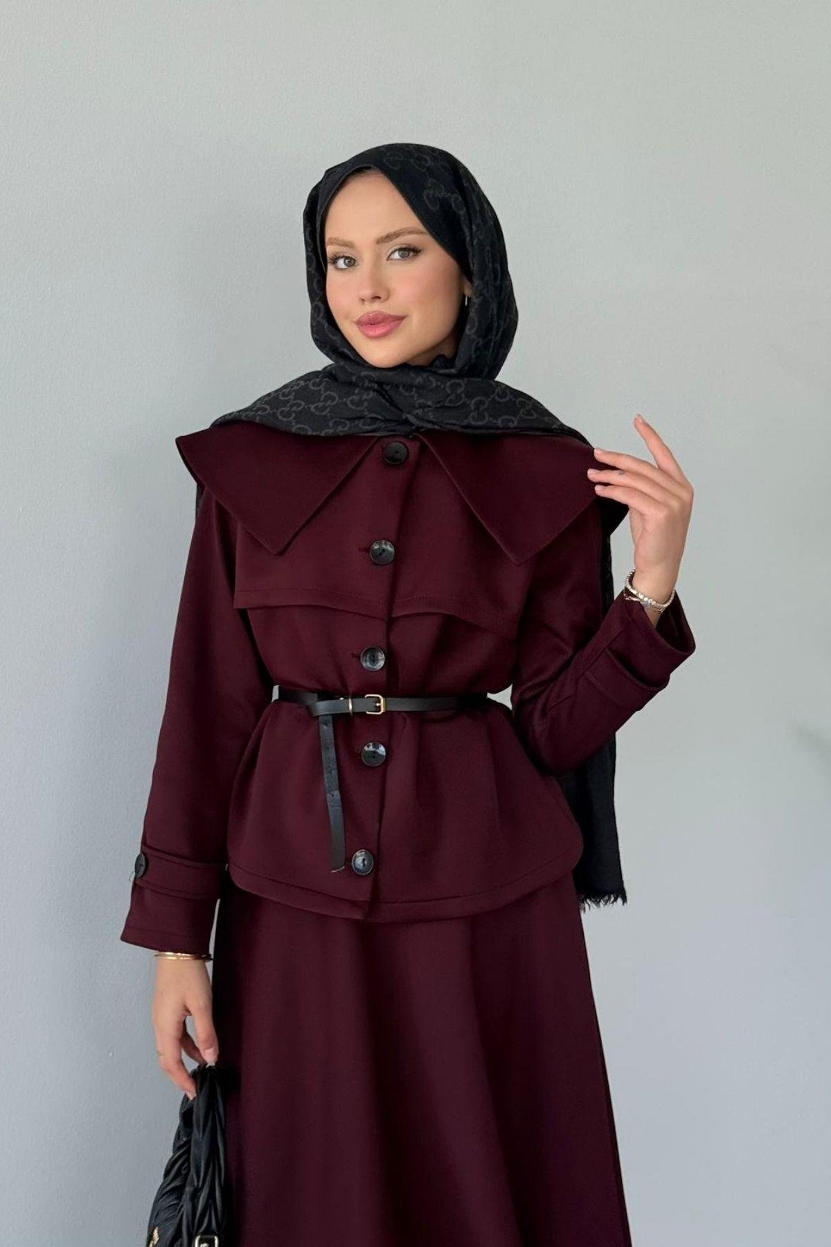 Jose Kemerli Etekli Takım Bordo, Fiyatları Jose Kemerli Etekli Takım Bordo Haza Moda 