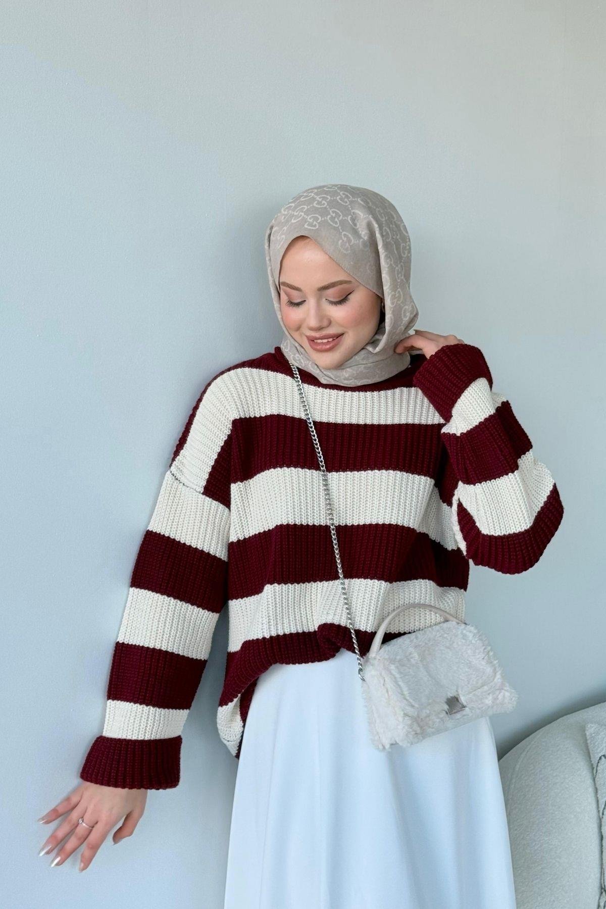 Kalın Çzg Kazak Bordo, Fiyatları Haza Moda | Tesettür Giyim | Kalın Çzg Kazak Bordo