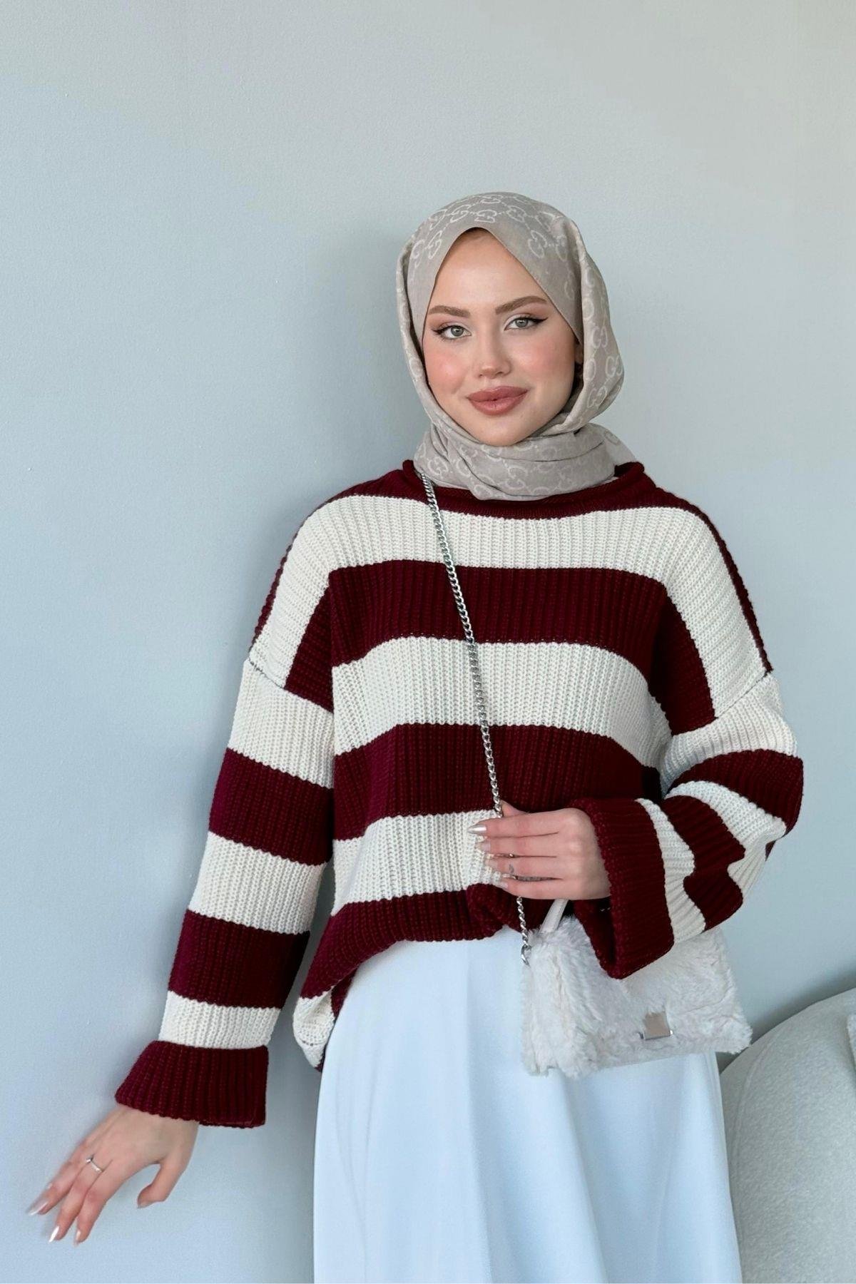 Kalın Çzg Kazak Bordo, Fiyatları Haza Moda | Tesettür Giyim | Kalın Çzg Kazak Bordo