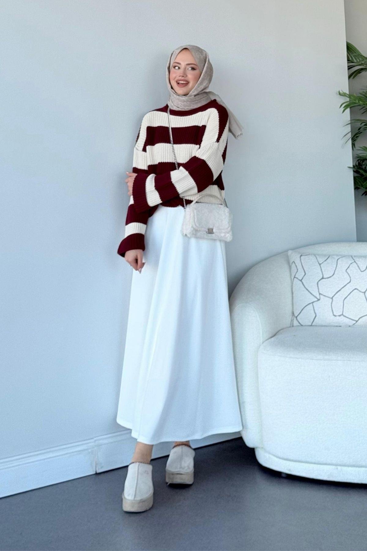 Kalın Çzg Kazak Bordo, Fiyatları Haza Moda | Tesettür Giyim | Kalın Çzg Kazak Bordo