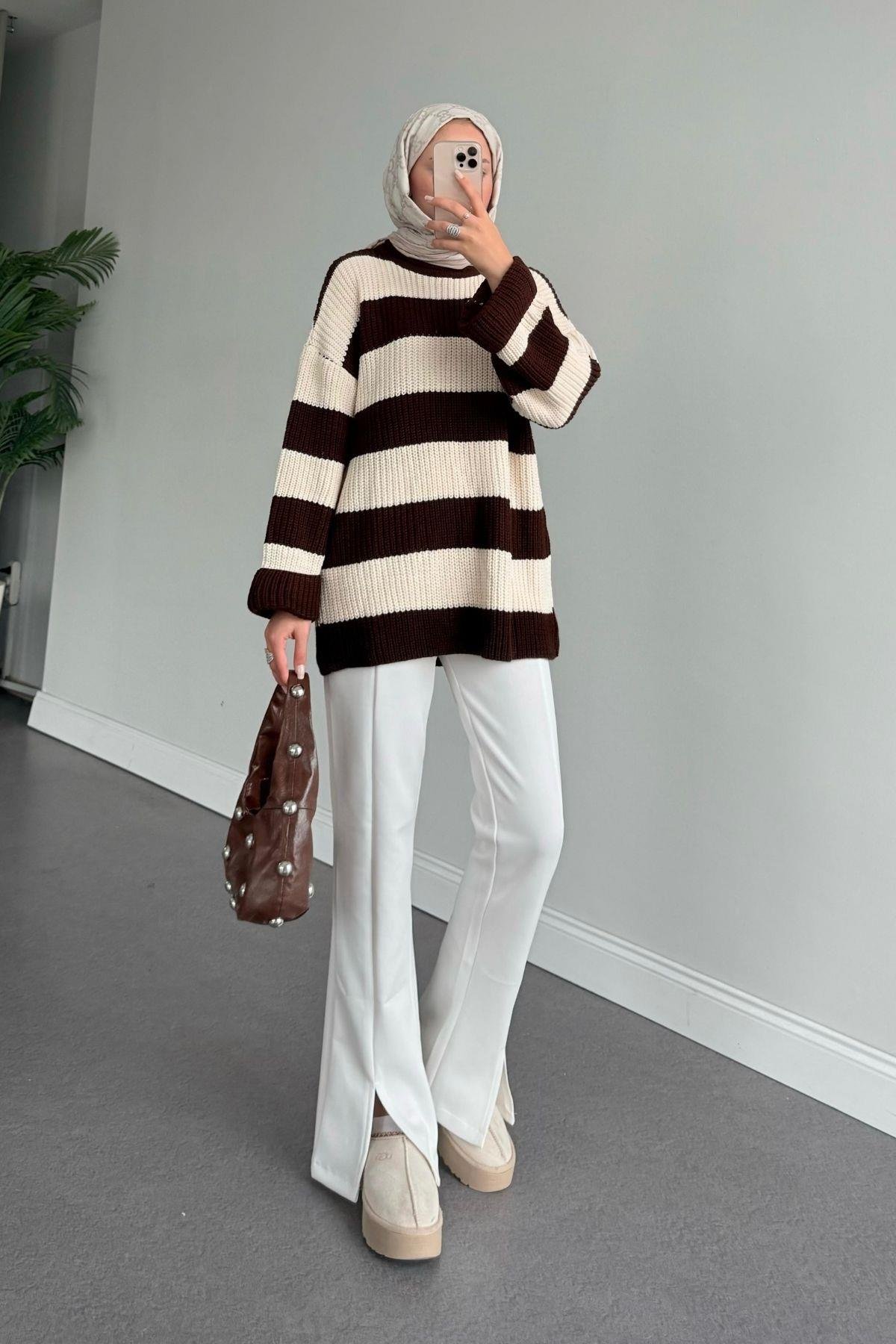 Kalın Çzg Kazak Kahve, Fiyatları Haza Moda | Tesettür Giyim | Kalın Çzg Kazak Kahve
