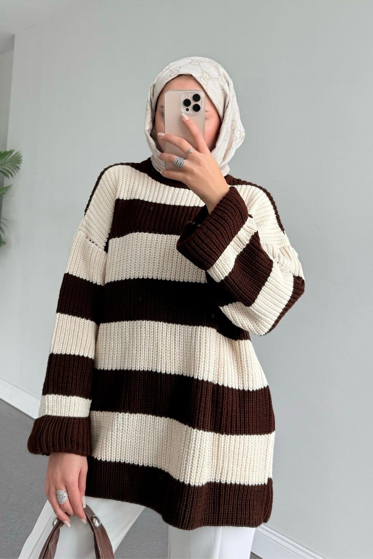 Kalın Çzg Kazak Kahve, Fiyatları Haza Moda | Tesettür Giyim | Kalın Çzg Kazak Kahve