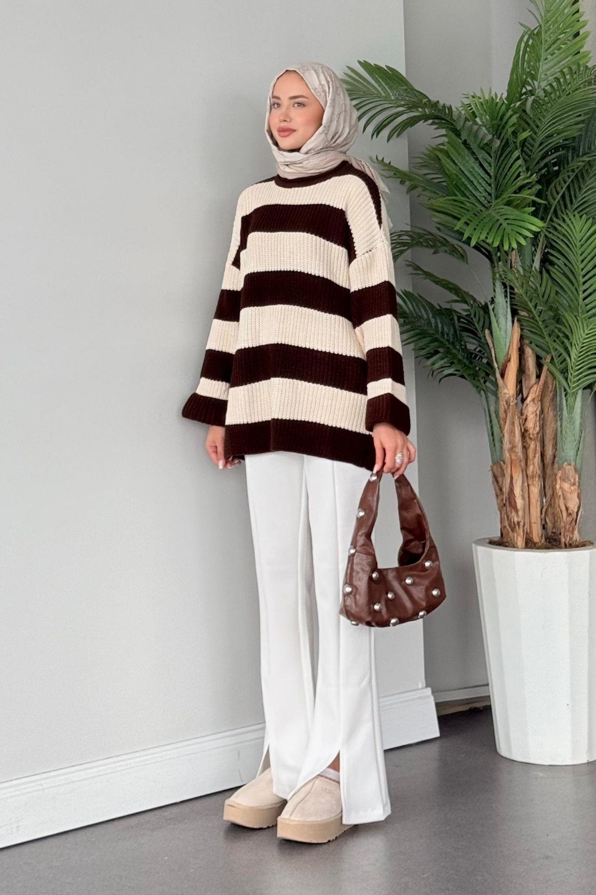 Kalın Çzg Kazak Kahve, Fiyatları Haza Moda | Tesettür Giyim | Kalın Çzg Kazak Kahve