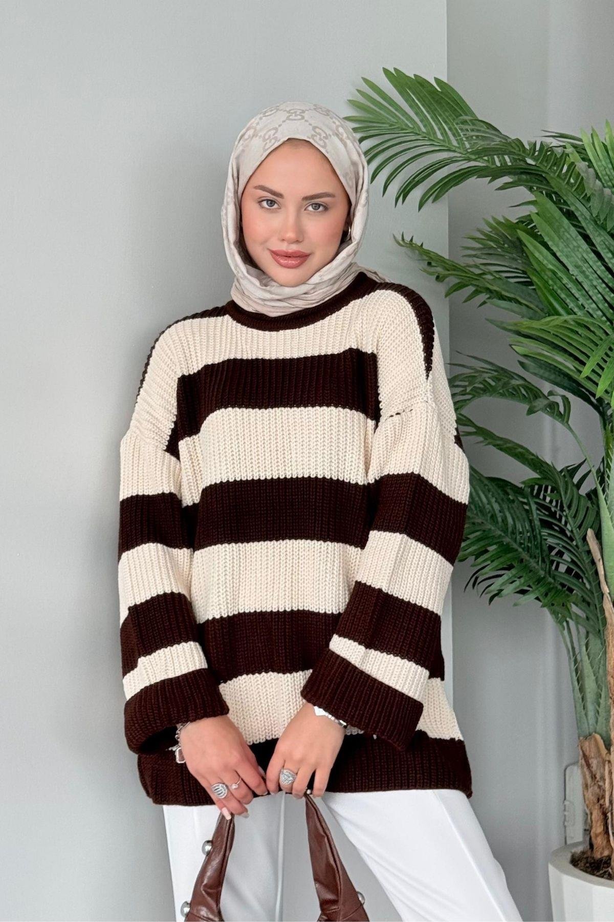 Kalın Çzg Kazak Kahve, Fiyatları Haza Moda | Tesettür Giyim | Kalın Çzg Kazak Kahve