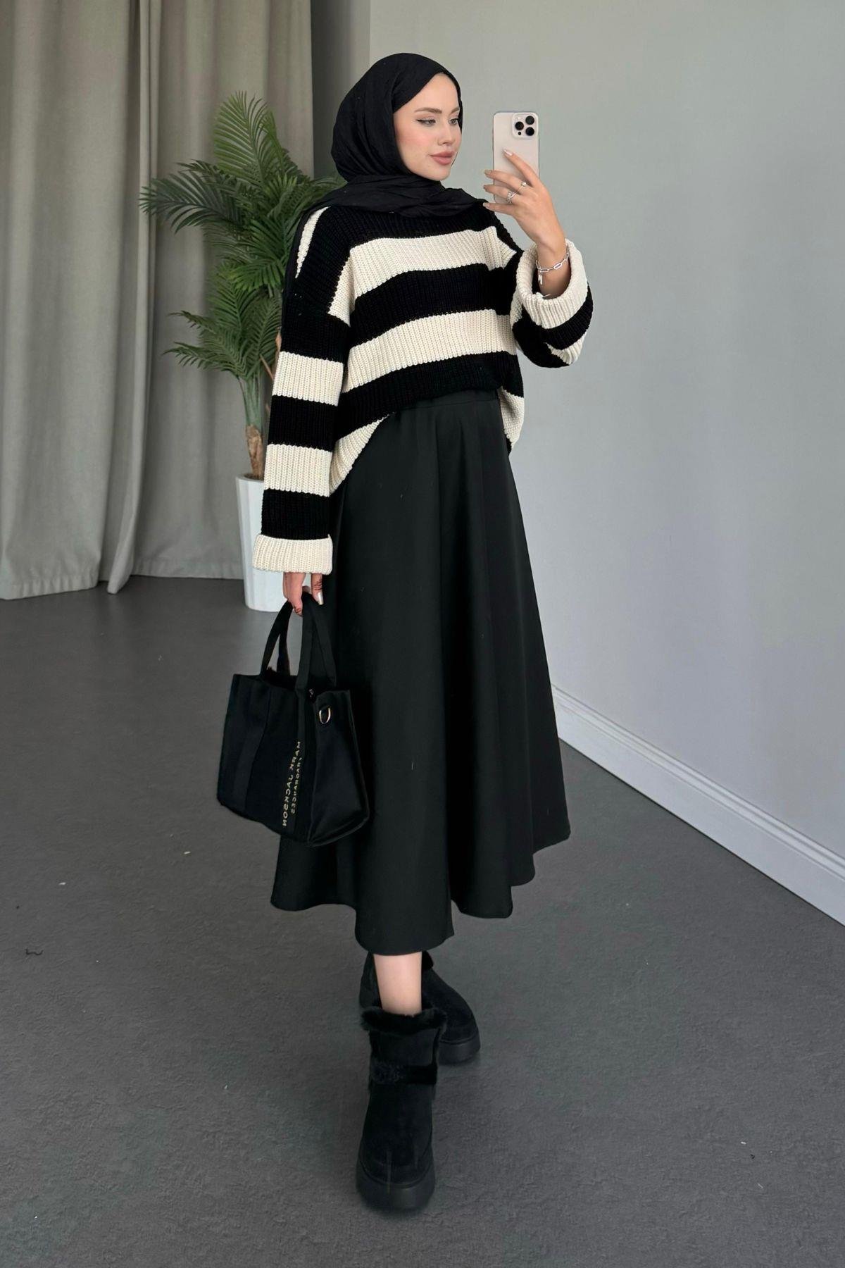 Kalın Çzg Kazak Siyah, Fiyatları Haza Moda | Tesettür Giyim | Kalın Çzg Kazak Siyah