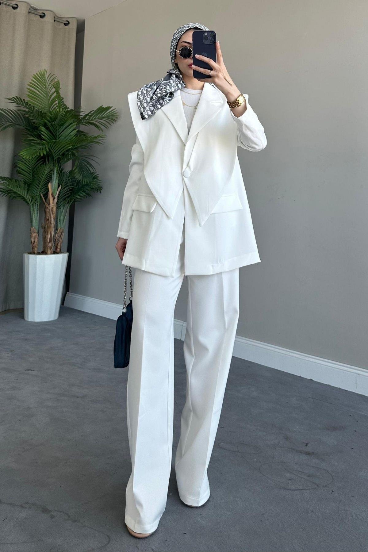 Kapaklı Blazer Takım Beyaz, Fiyatları Haza Moda | Tesettür Giyim | Kapaklı Blazer Takım Beyaz