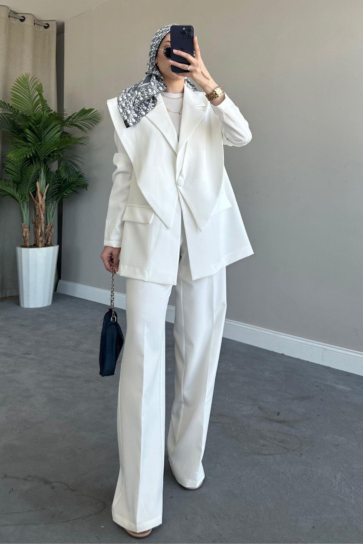 Kapaklı Blazer Takım Beyaz, Fiyatları Haza Moda | Tesettür Giyim | Kapaklı Blazer Takım Beyaz