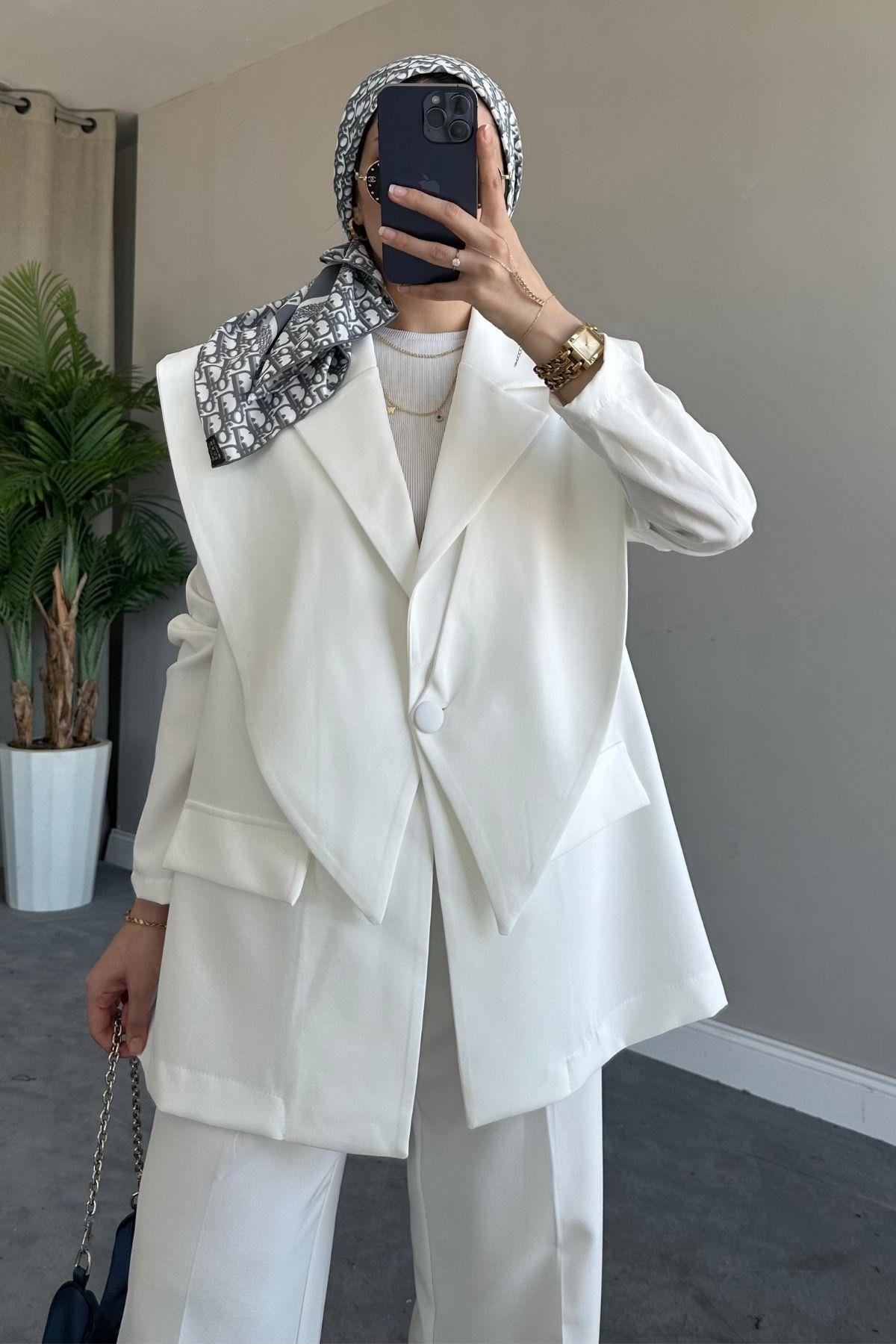 Kapaklı Blazer Takım Beyaz, Fiyatları Haza Moda | Tesettür Giyim | Kapaklı Blazer Takım Beyaz