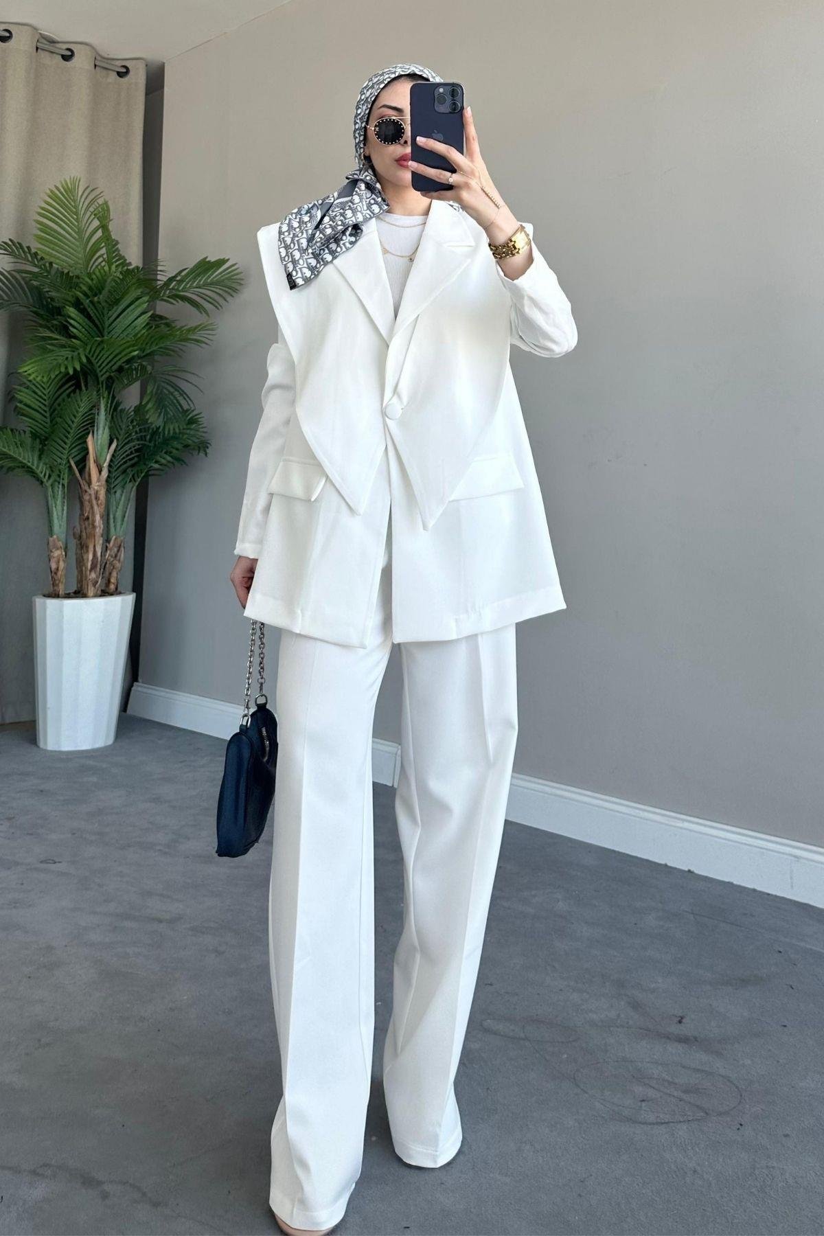 Kapaklı Blazer Takım Beyaz, Fiyatları Haza Moda | Tesettür Giyim | Kapaklı Blazer Takım Beyaz