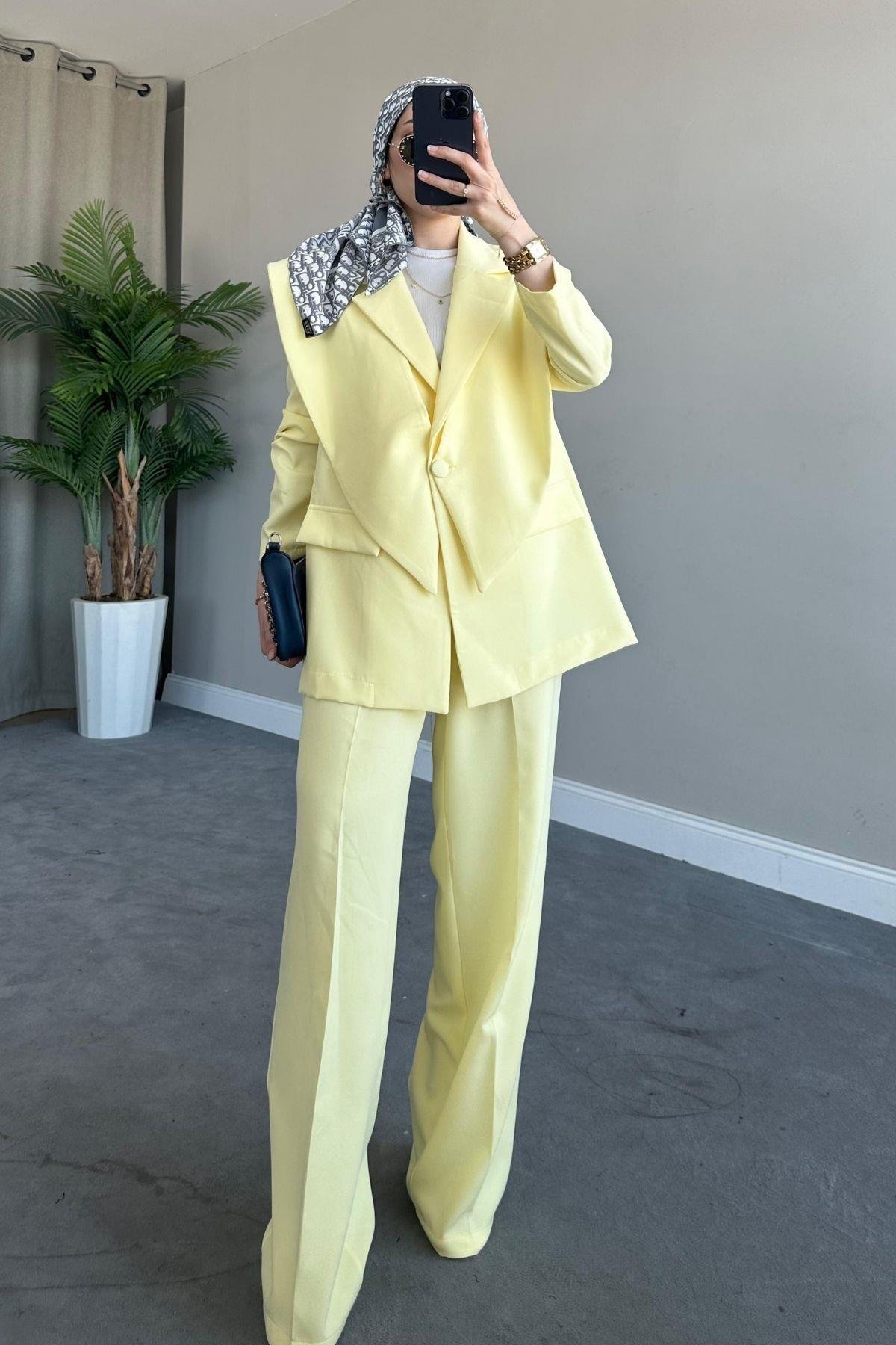 Kapaklı Blazer Takım Sarı, Fiyatları Haza Moda | Tesettür Giyim | Kapaklı Blazer Takım Sarı