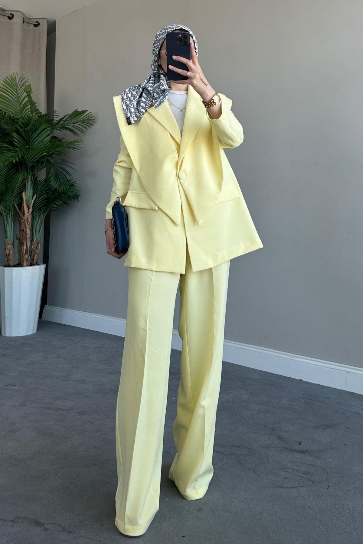 Kapaklı Blazer Takım Sarı, Fiyatları Haza Moda | Tesettür Giyim | Kapaklı Blazer Takım Sarı