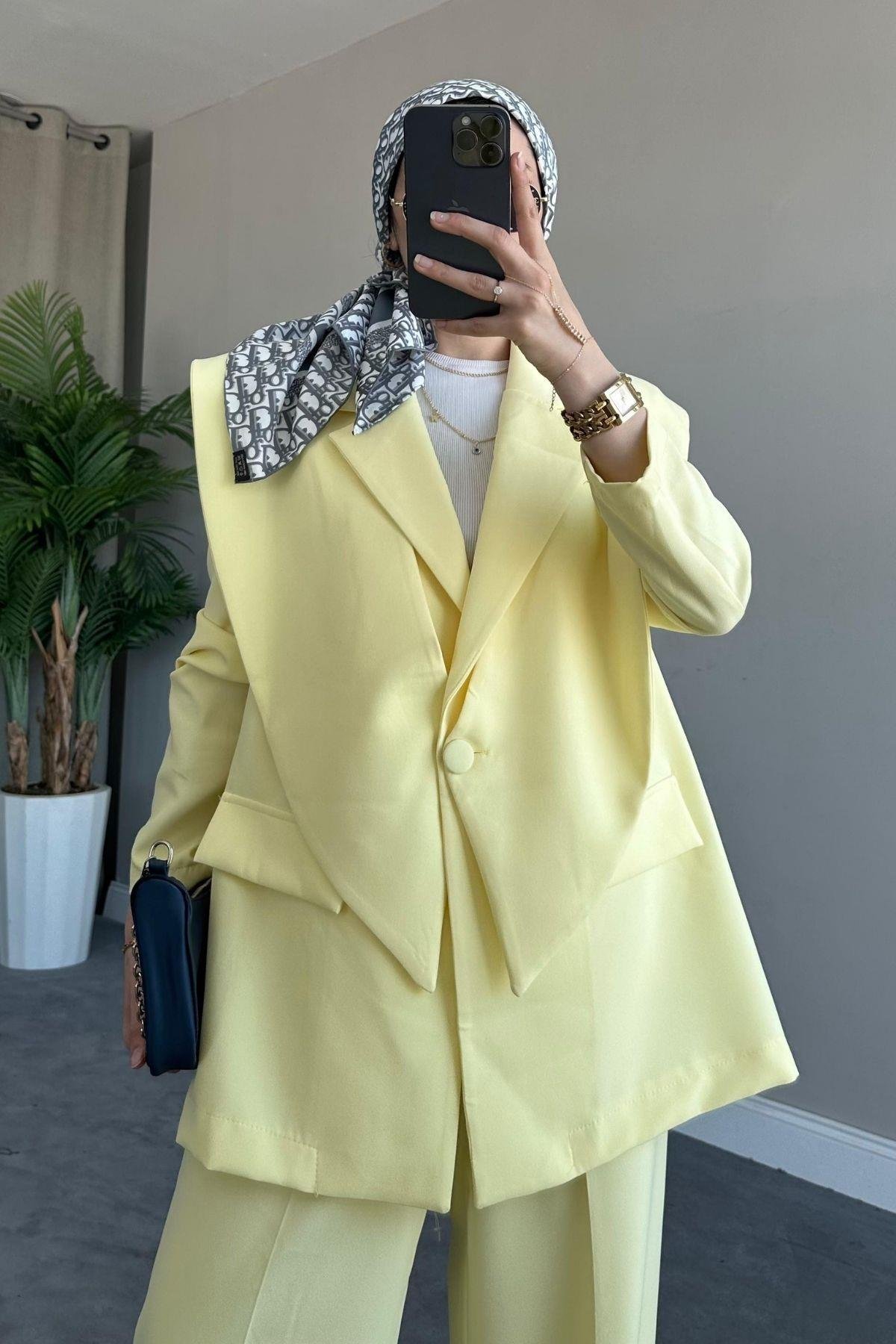 Kapaklı Blazer Takım Sarı, Fiyatları Haza Moda | Tesettür Giyim | Kapaklı Blazer Takım Sarı