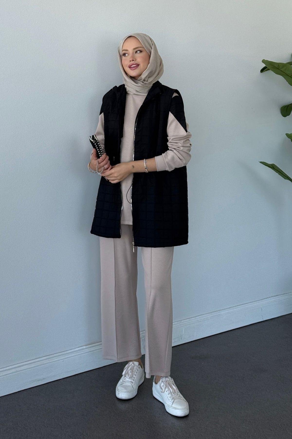 Kapitoneli Üçlü Pamuklu Takım Siyah, Fiyatları Kapitoneli Üçlü Pamuklu Takım Siyah Haza Moda 