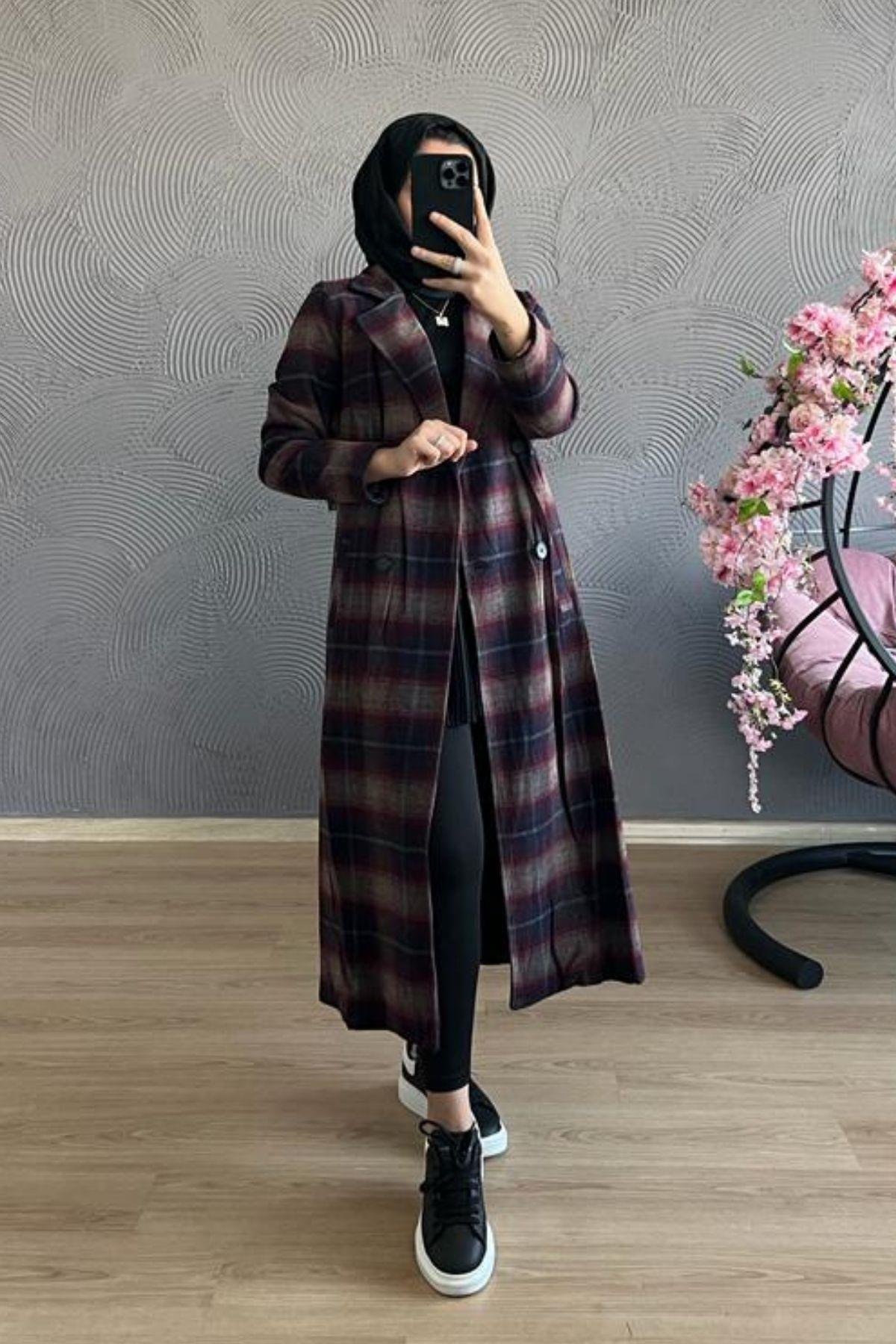 Kareli Kaban BORDO, Fiyatları TABA Kaşe Kaban-GRİ – Haza Moda | Tesettür Giyim