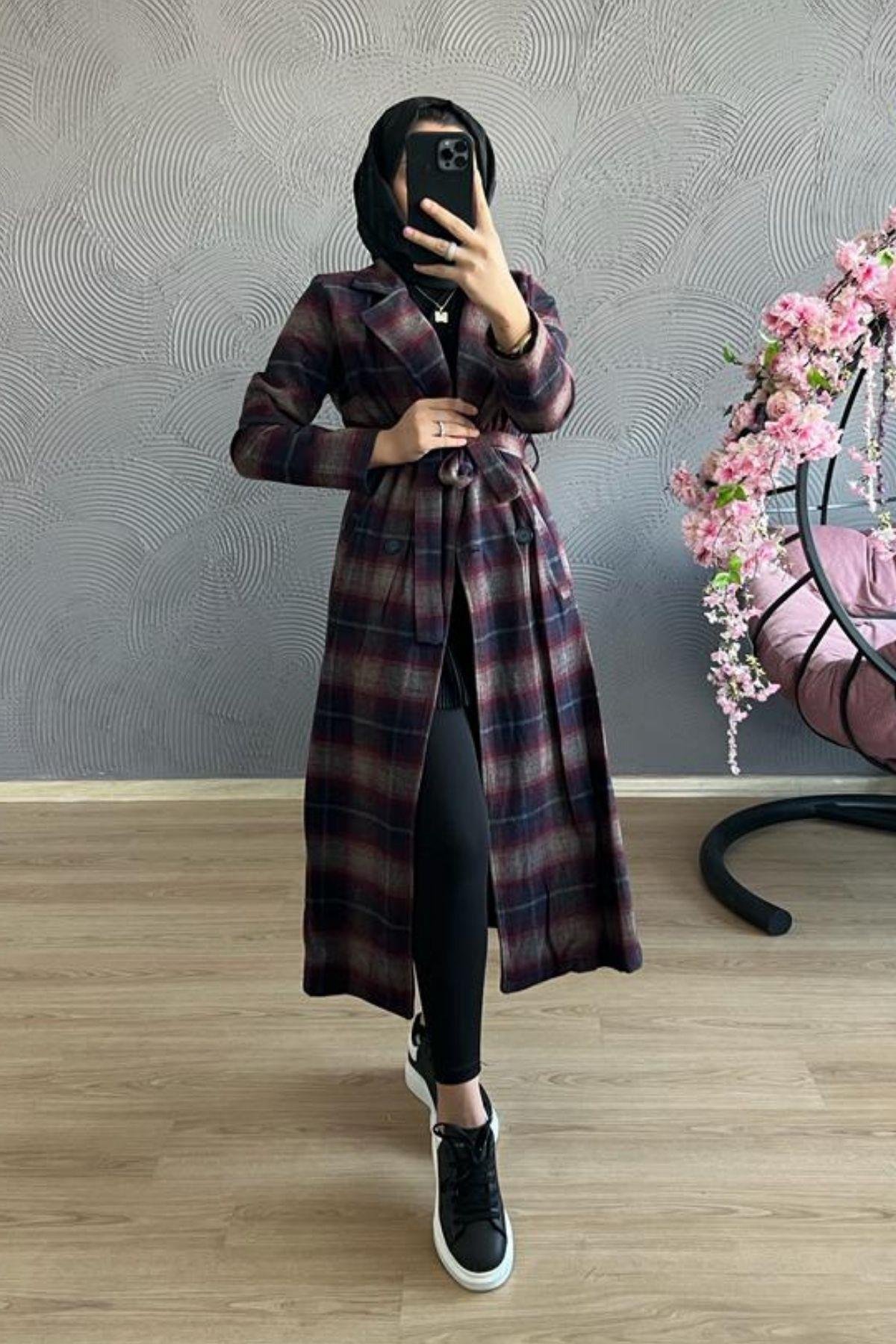 Kareli Kaban BORDO, Fiyatları TABA Kaşe Kaban-GRİ – Haza Moda | Tesettür Giyim