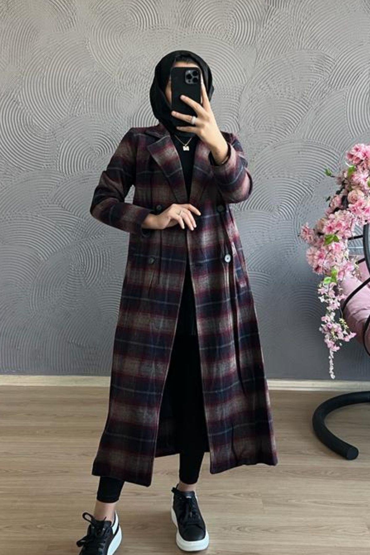 Kareli Kaban BORDO, Fiyatları TABA Kaşe Kaban-GRİ – Haza Moda | Tesettür Giyim