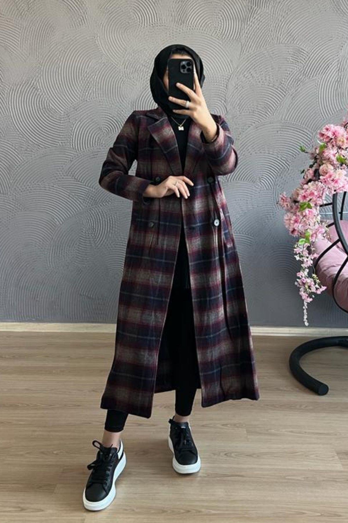 Kareli Kaban BORDO, Fiyatları TABA Kaşe Kaban-GRİ – Haza Moda | Tesettür Giyim