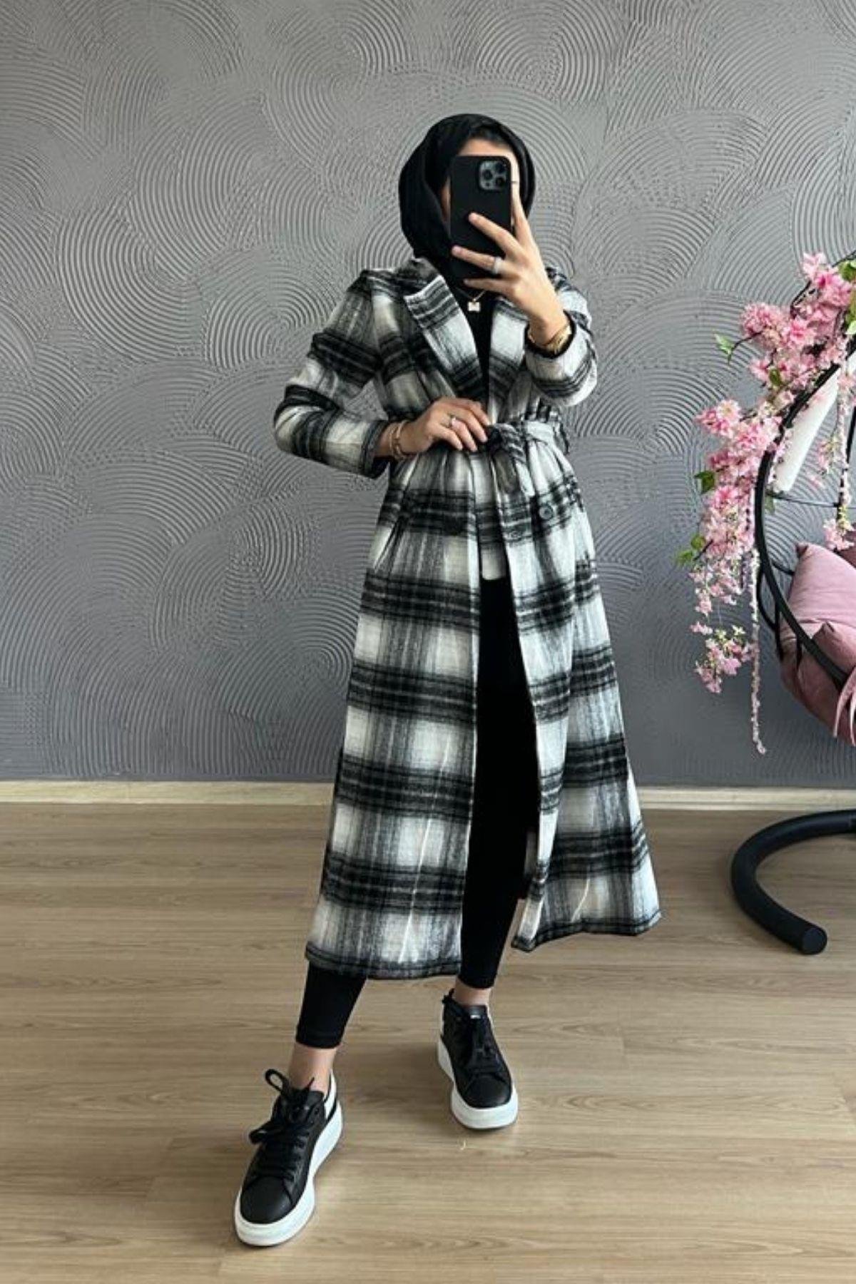 Kareli Kaban SİYAH, Fiyatları TABA Kaşe Kaban-GRİ – Haza Moda | Tesettür Giyim