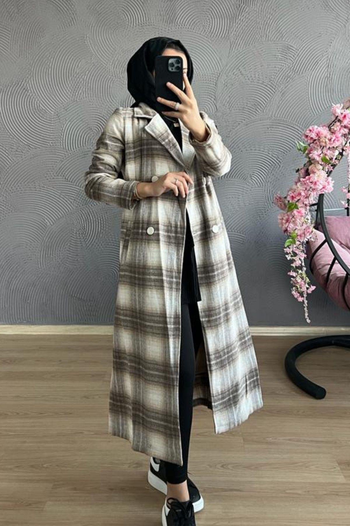 Kareli Kaban VİZON, Fiyatları TABA Kaşe Kaban-GRİ – Haza Moda | Tesettür Giyim