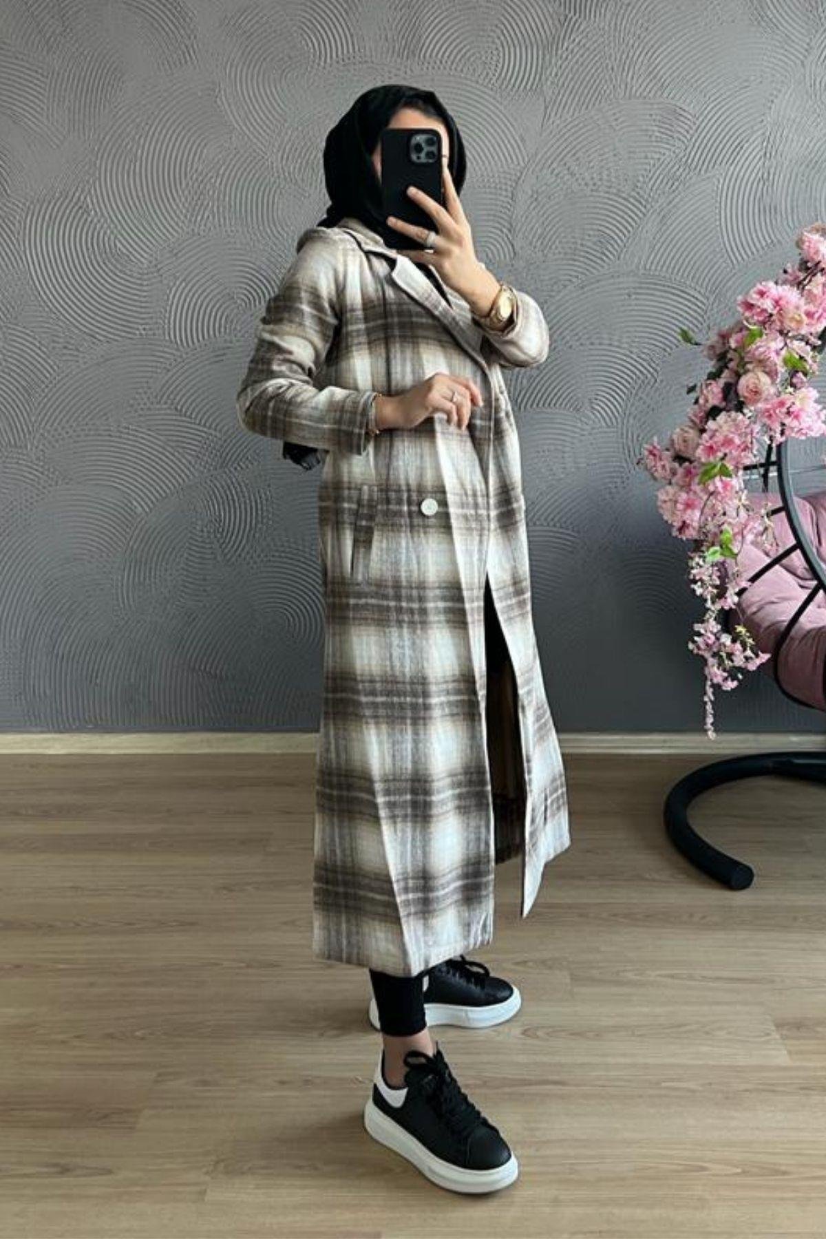 Kareli Kaban VİZON, Fiyatları TABA Kaşe Kaban-GRİ – Haza Moda | Tesettür Giyim