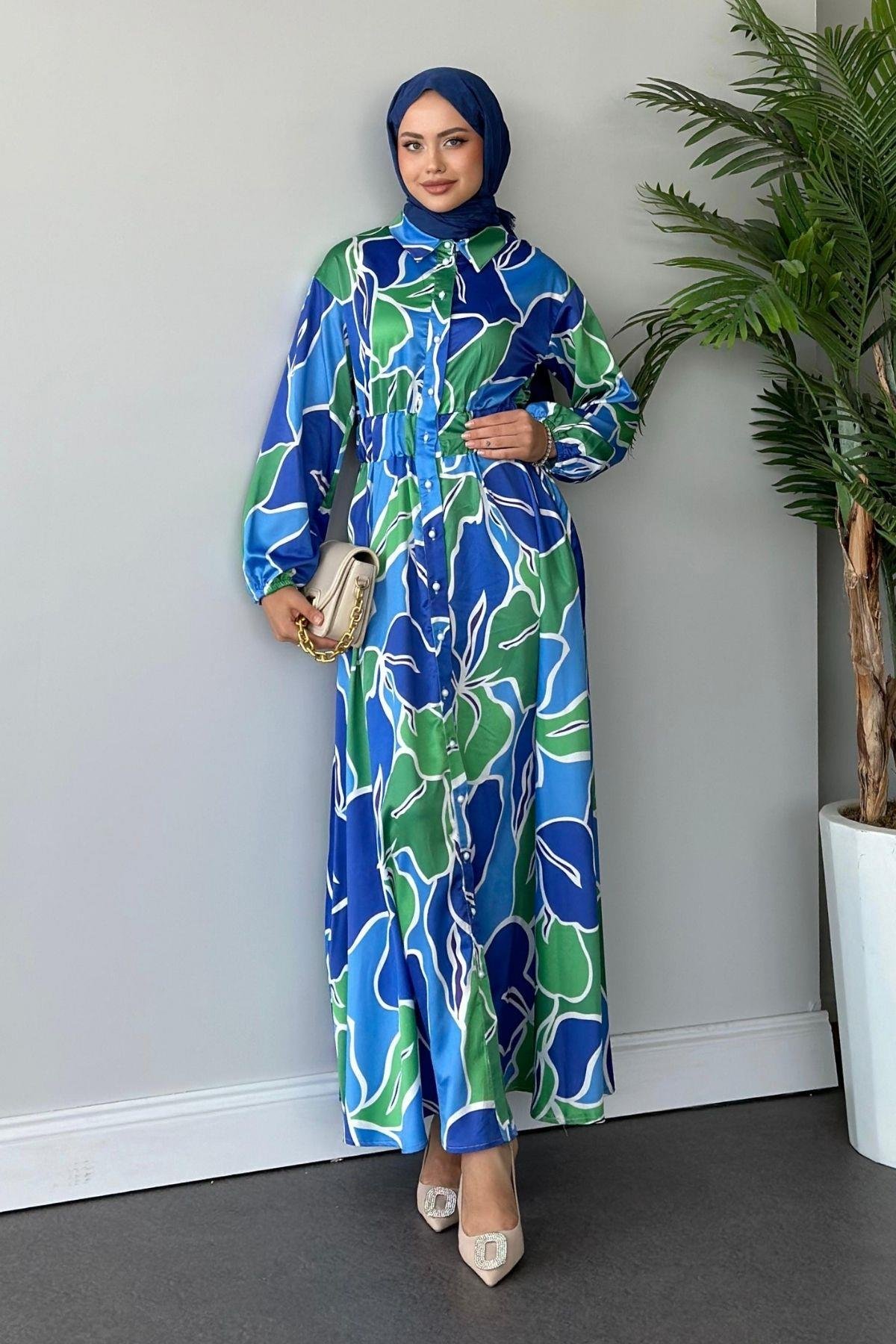 Karışık Desen Saten Elbise Mavi, Fiyatları 