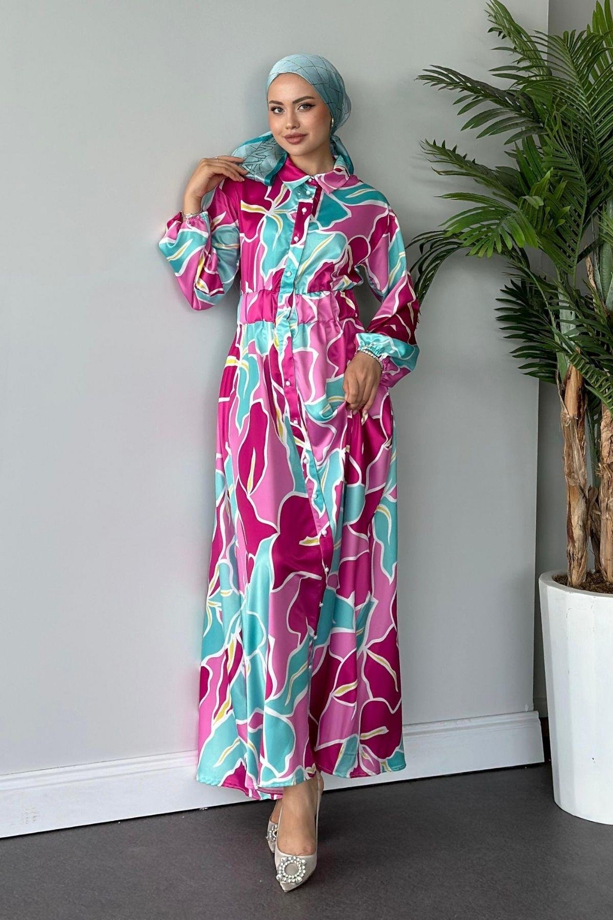 Karışık Desen Saten Elbise Pembe, Fiyatları 